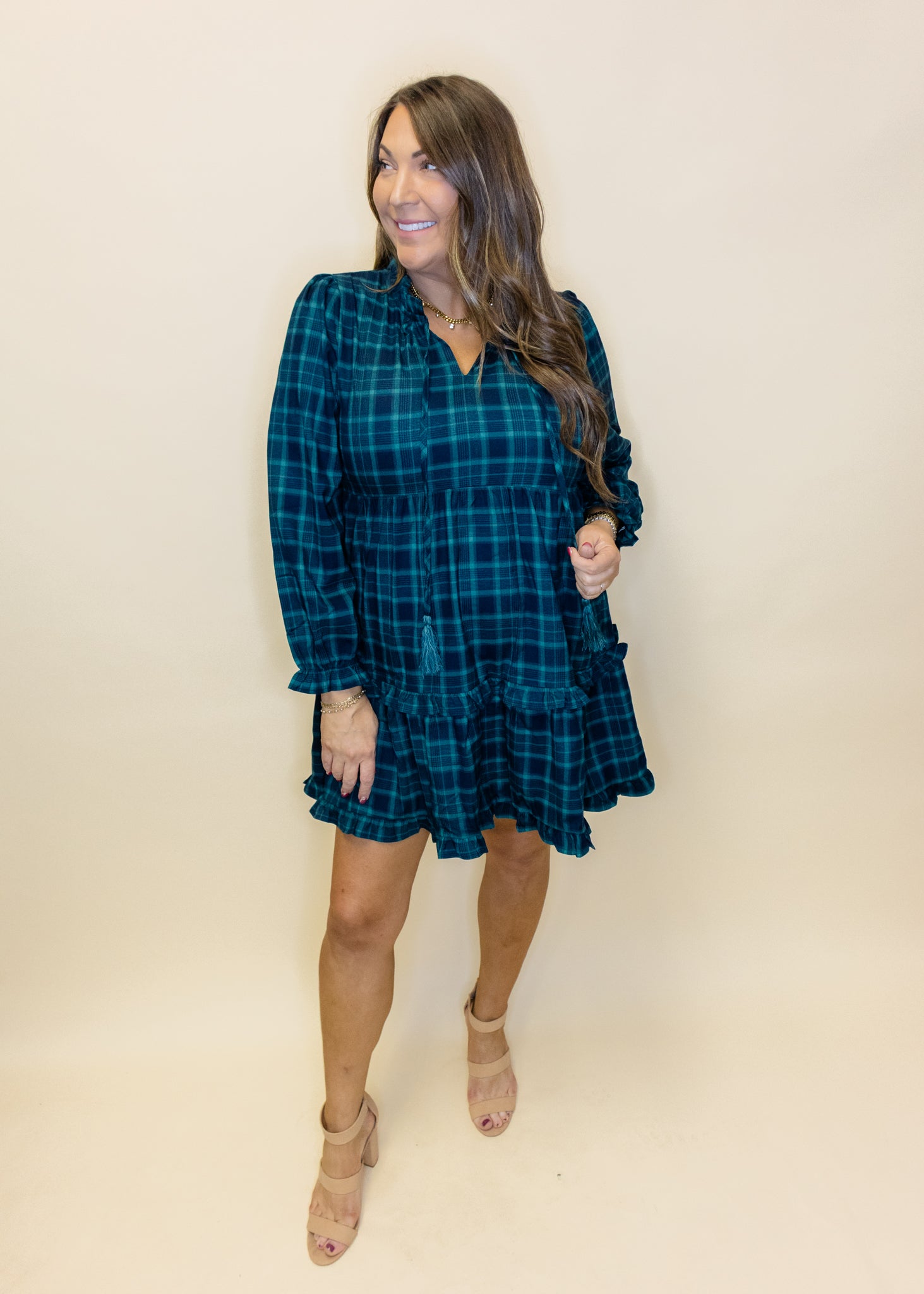 Green Plaid Long Sleeve Dress