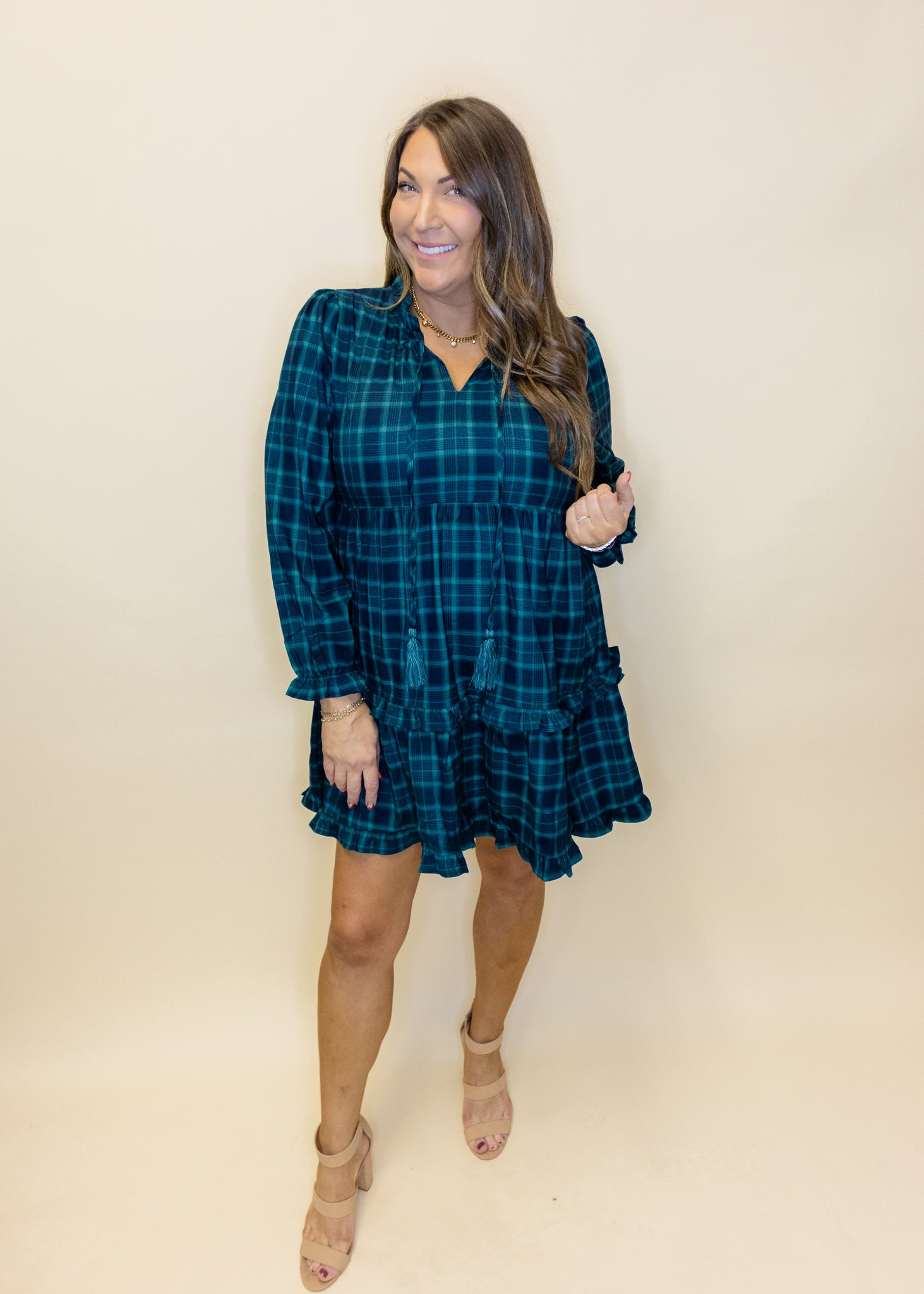 Green Plaid Long Sleeve Dress