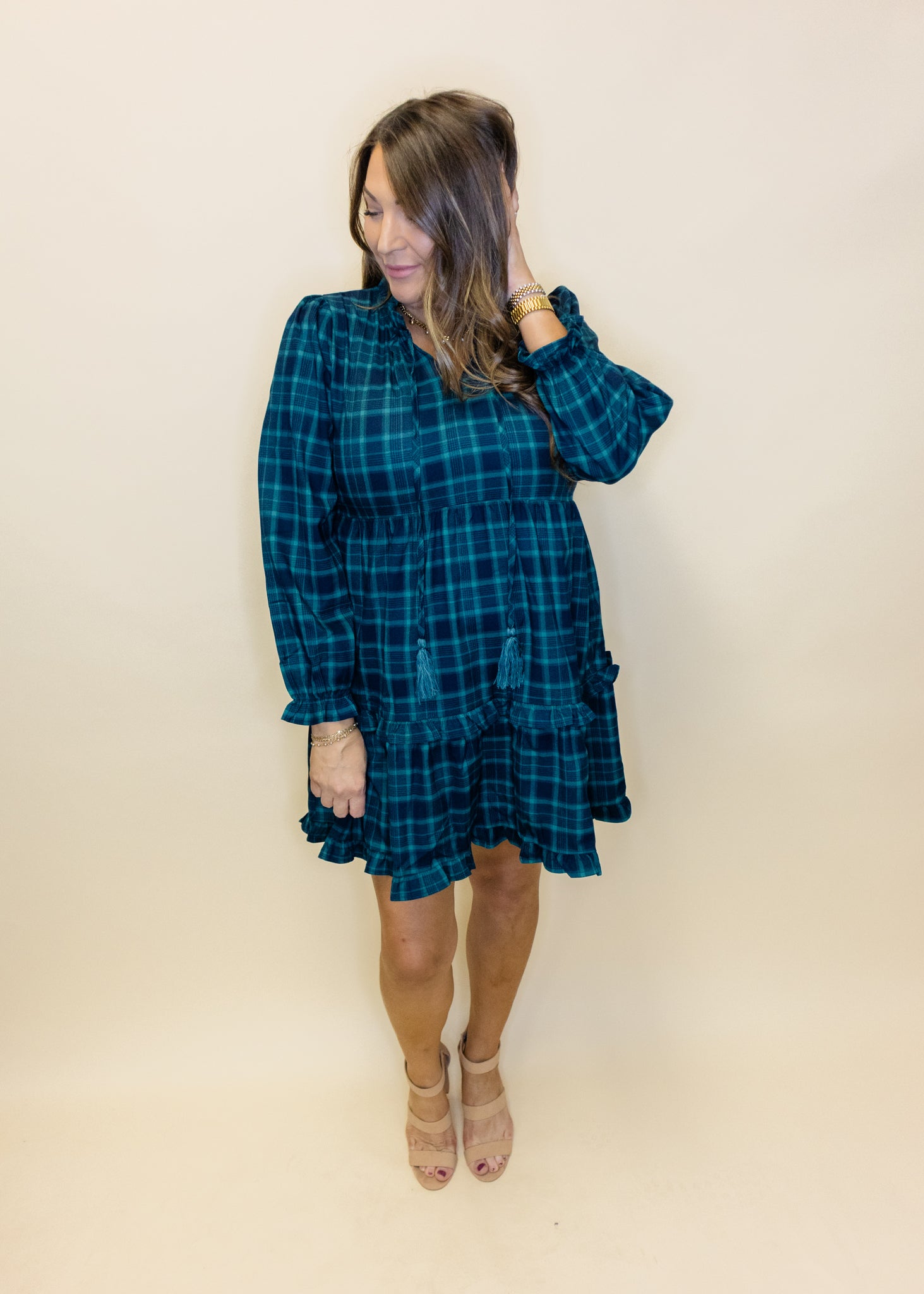 Green Plaid Long Sleeve Dress