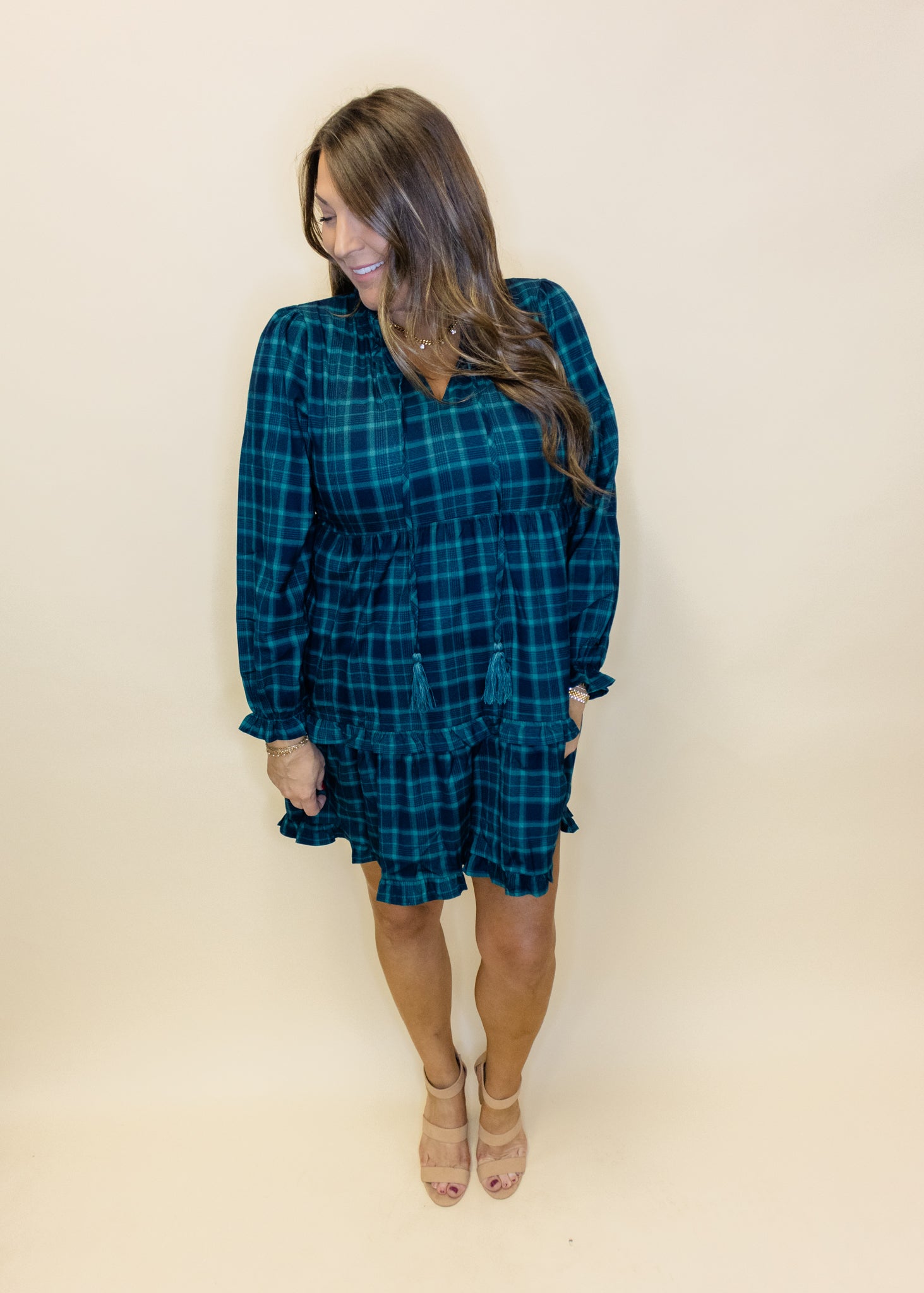 Green Plaid Long Sleeve Dress