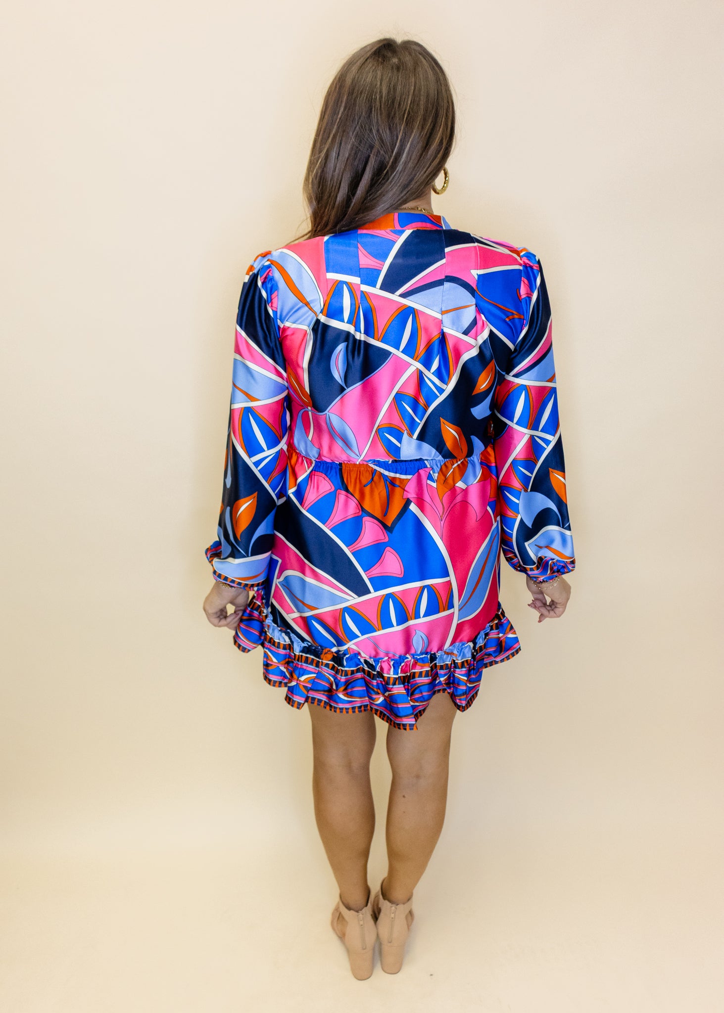 Pink Geometric Belted Satin Dress