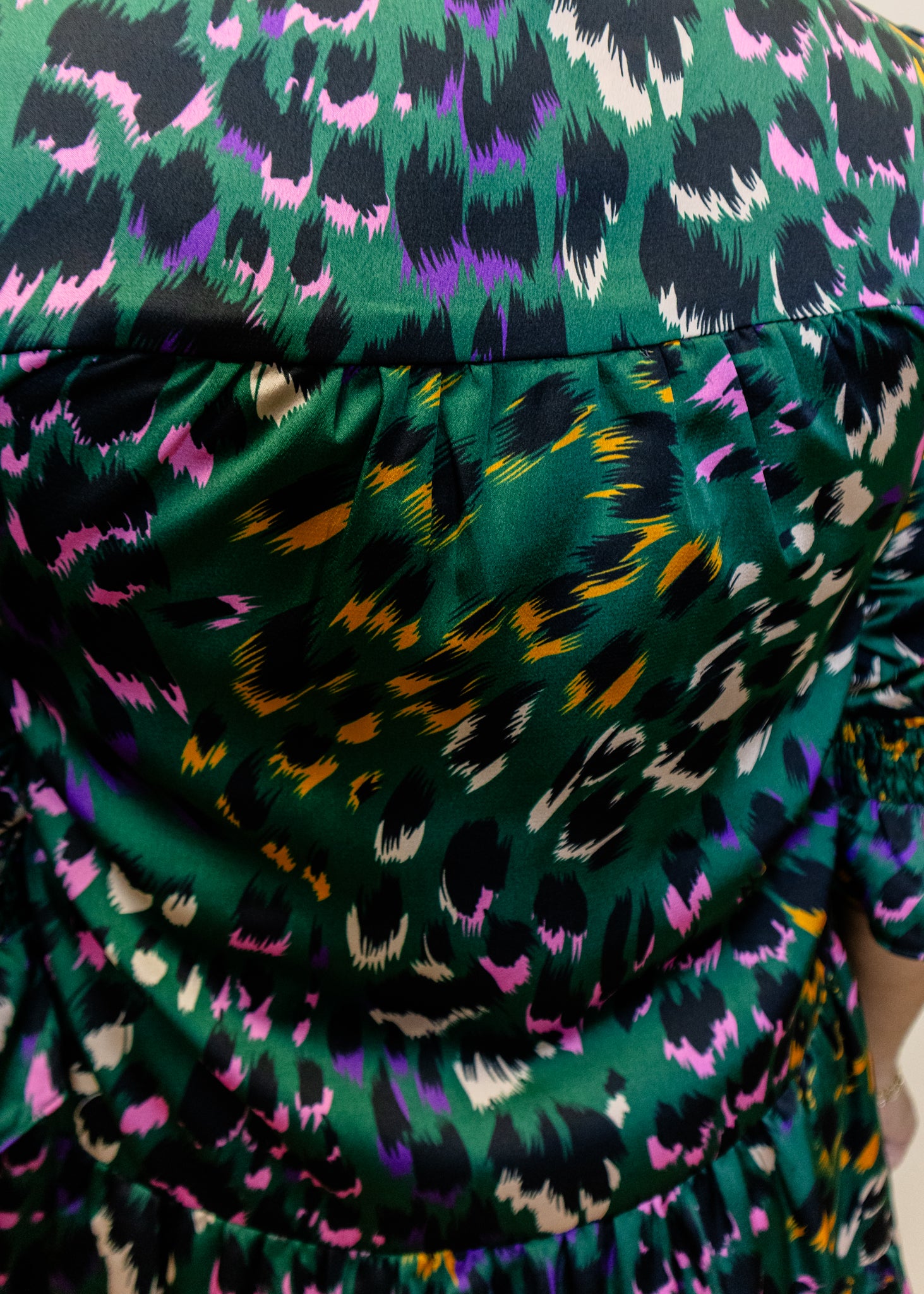 Green Leopard Satin Tiered Dress