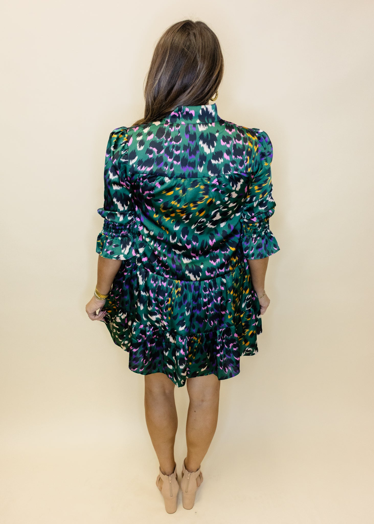 Green Leopard Satin Tiered Dress