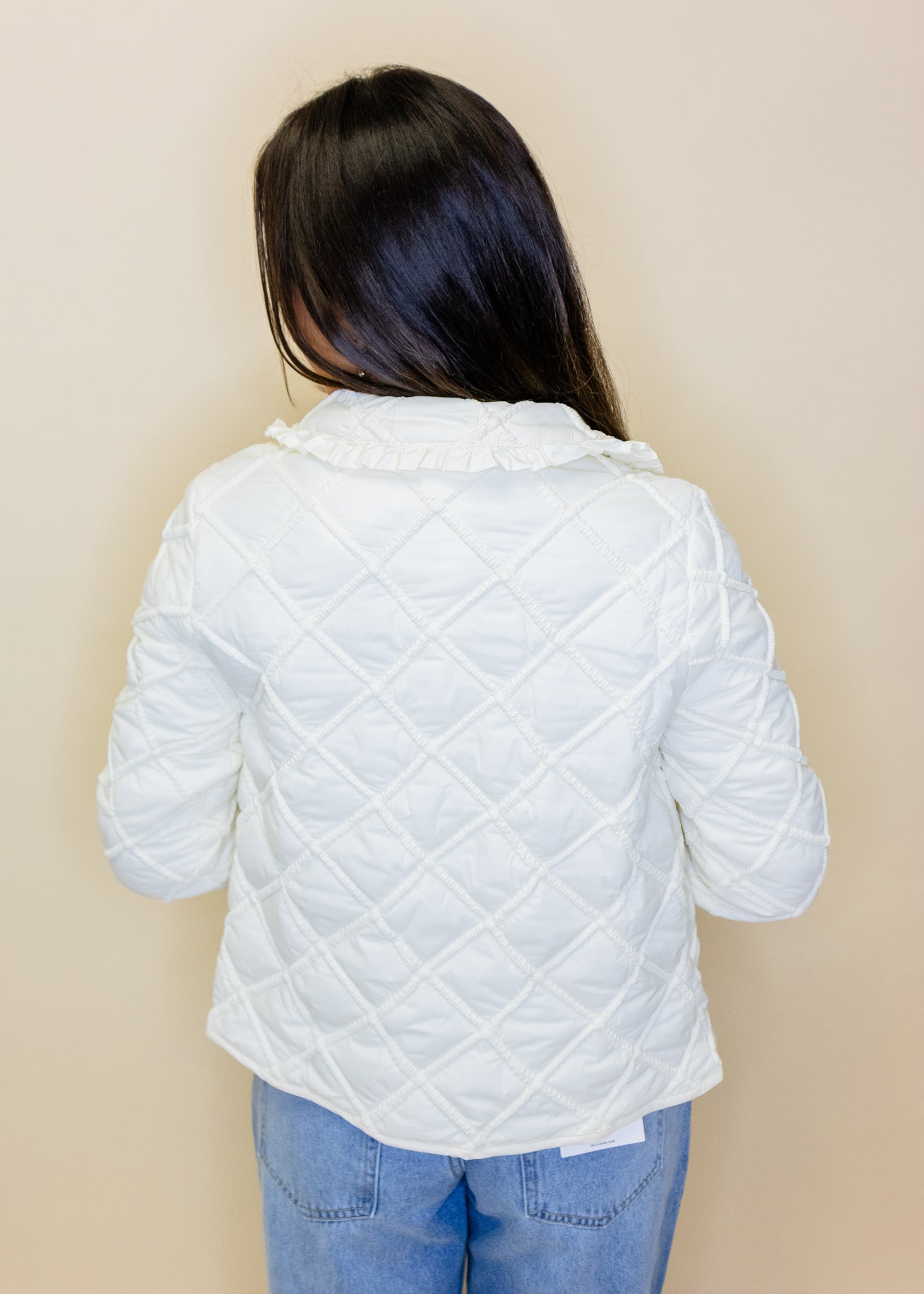 Ivory Ruffle Detail Quilted Jacket