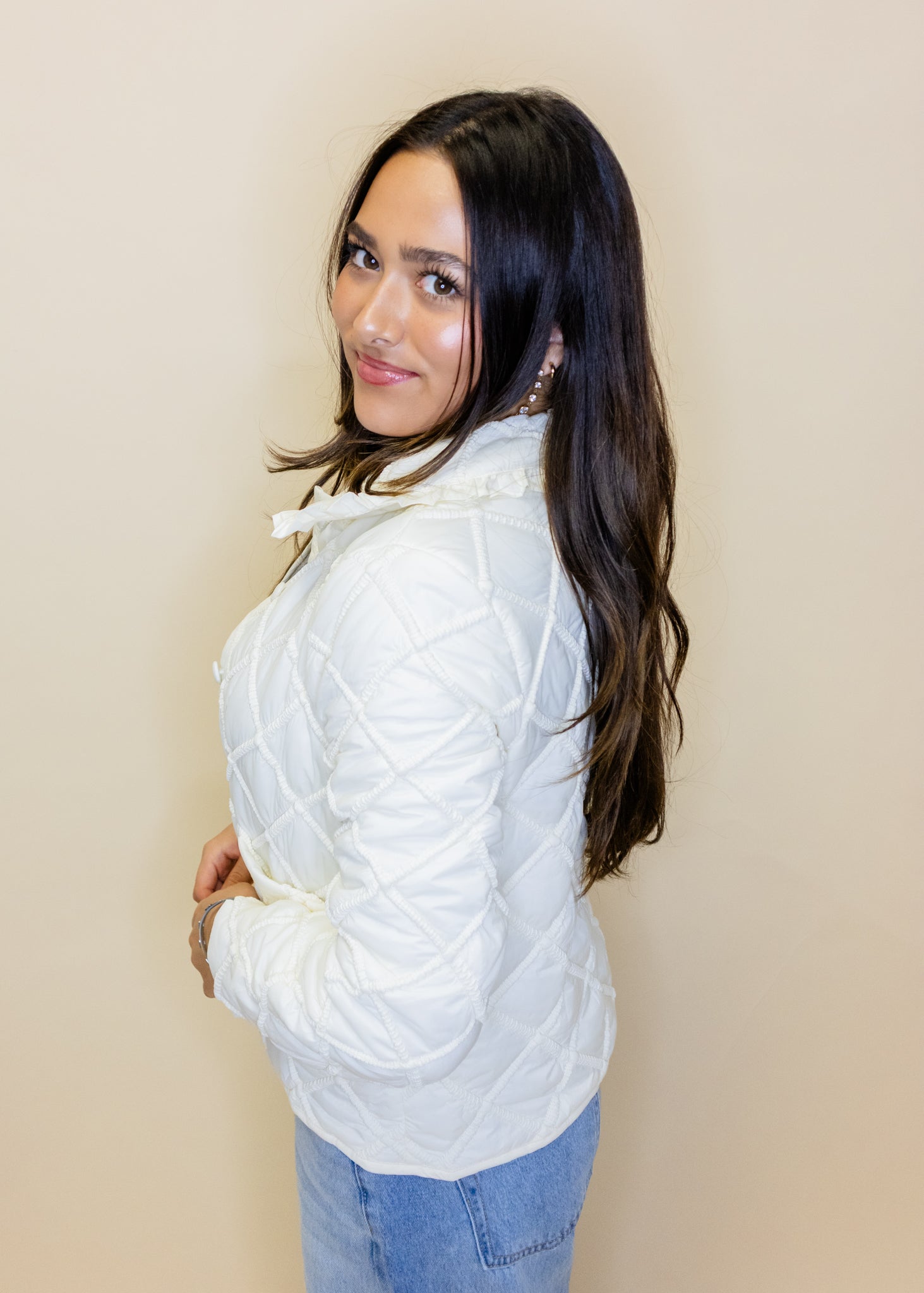 Ivory Ruffle Detail Quilted Jacket