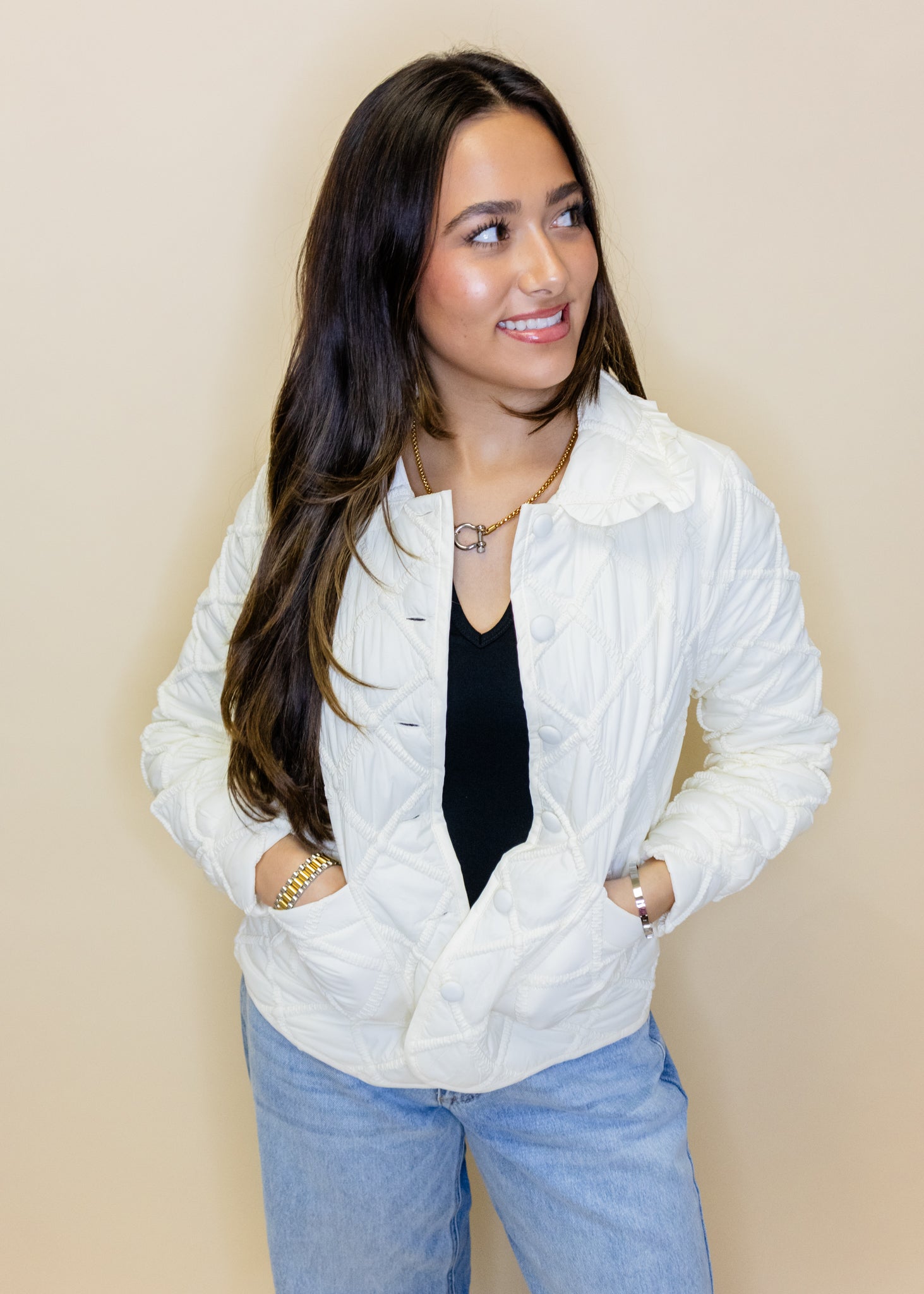 Ivory Ruffle Detail Quilted Jacket