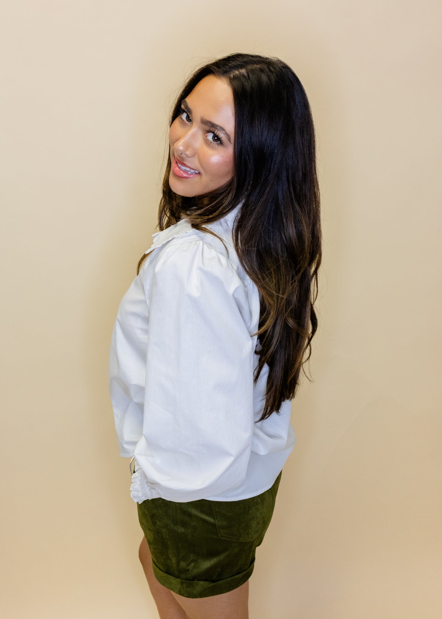 White Ruffle Detail Button Top