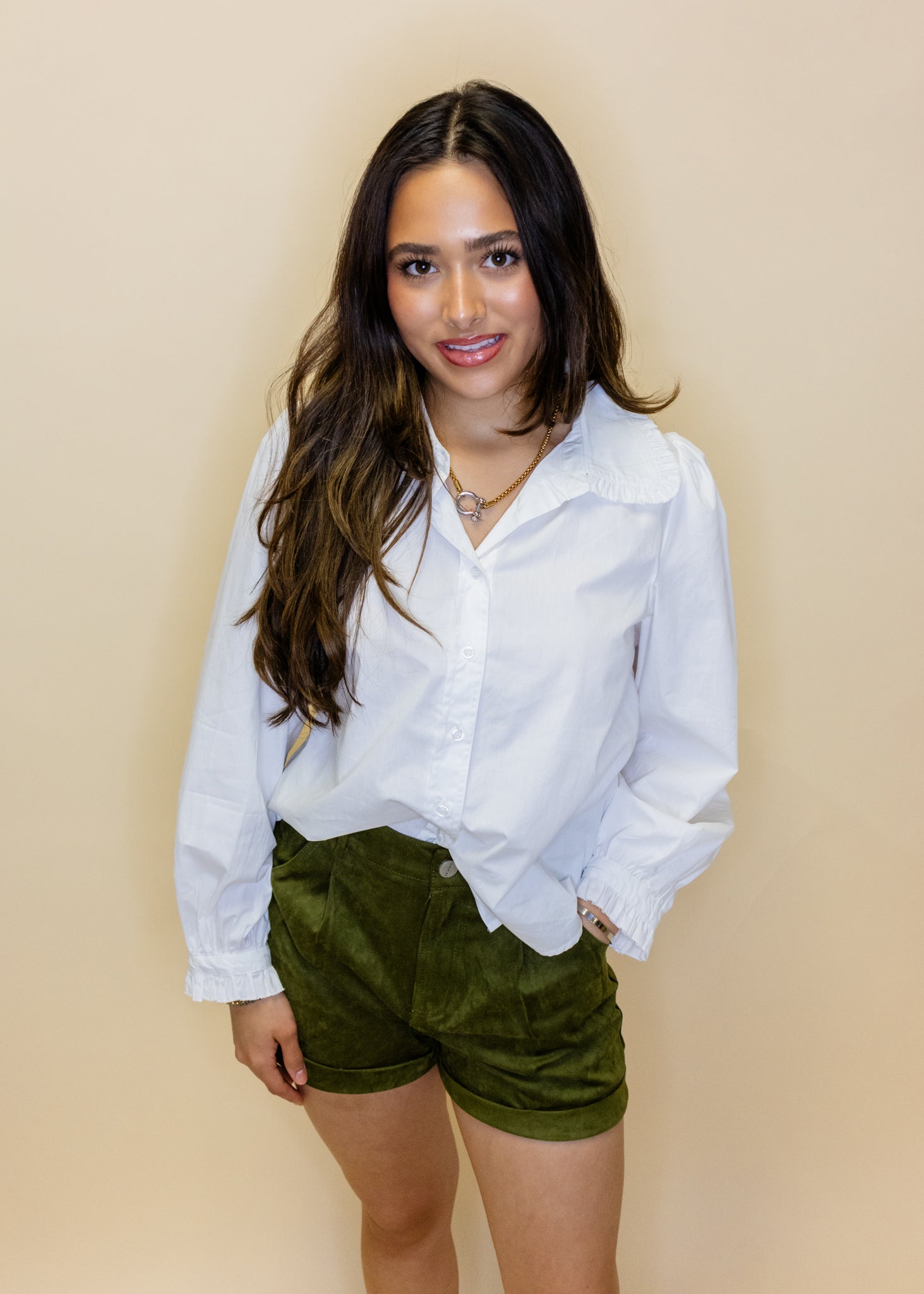 White Ruffle Detail Button Top