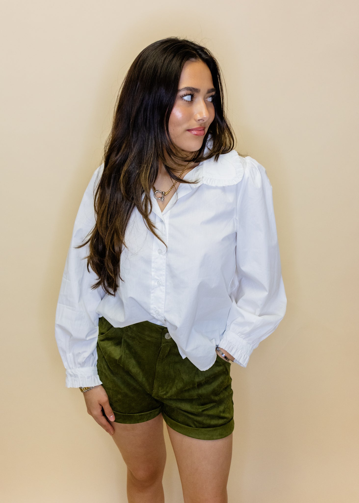 White Ruffle Detail Button Top