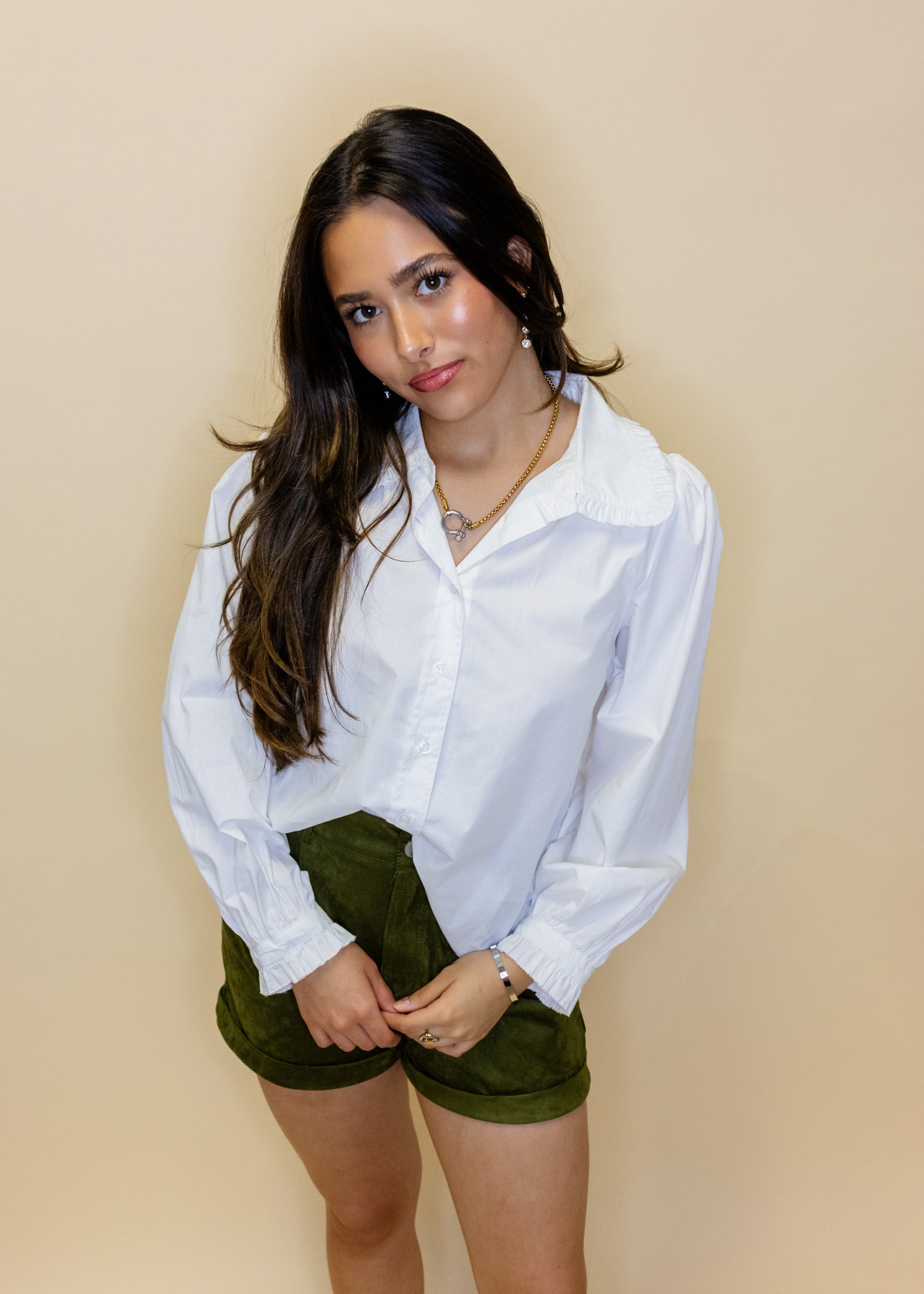 White Ruffle Detail Button Top