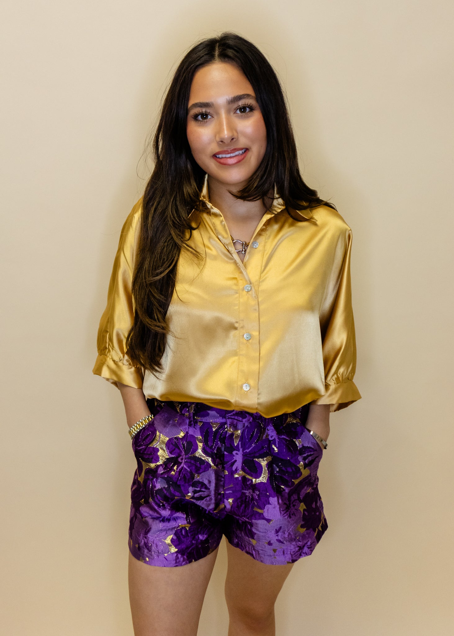 Purple Jacquard Pleated Shorts