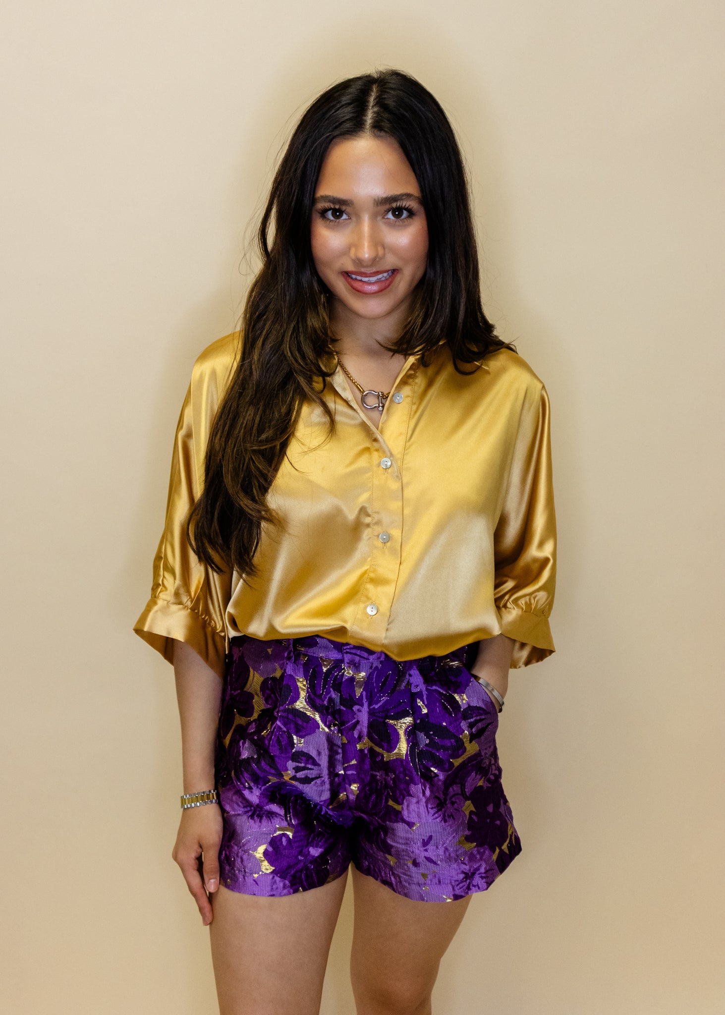 Purple Jacquard Pleated Shorts