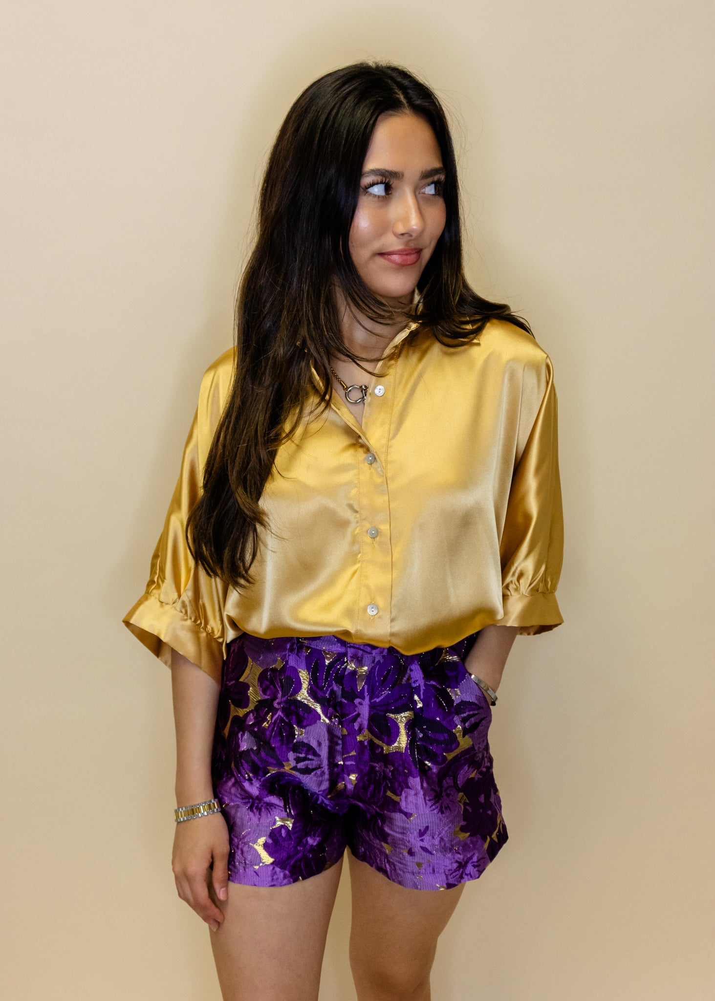 Purple Jacquard Pleated Shorts