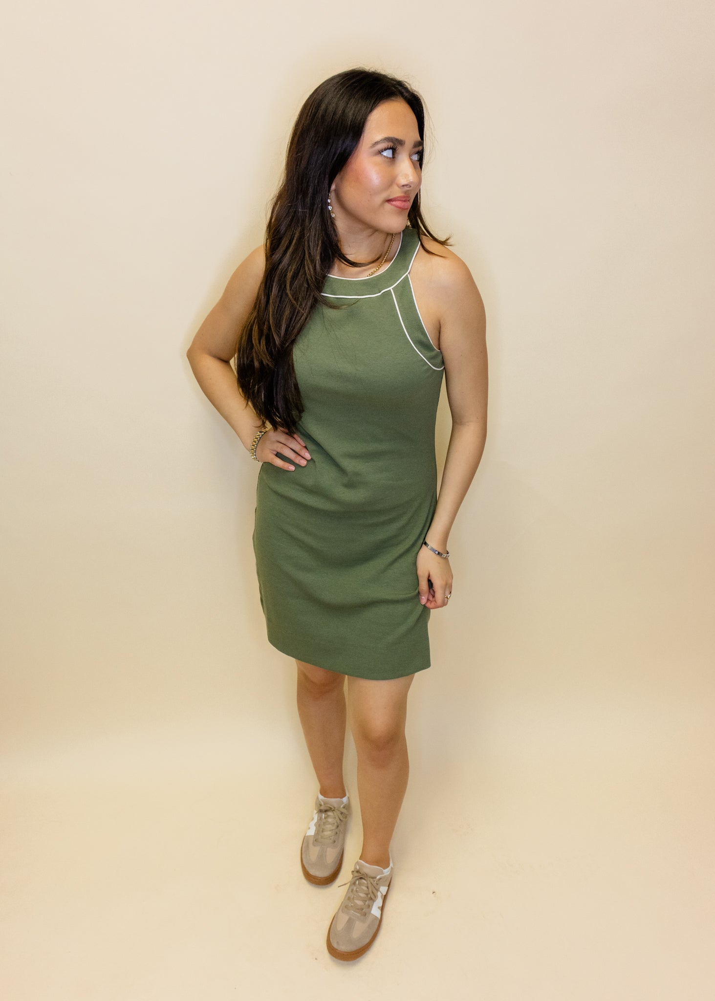 Olive Ribbed Piping Dress