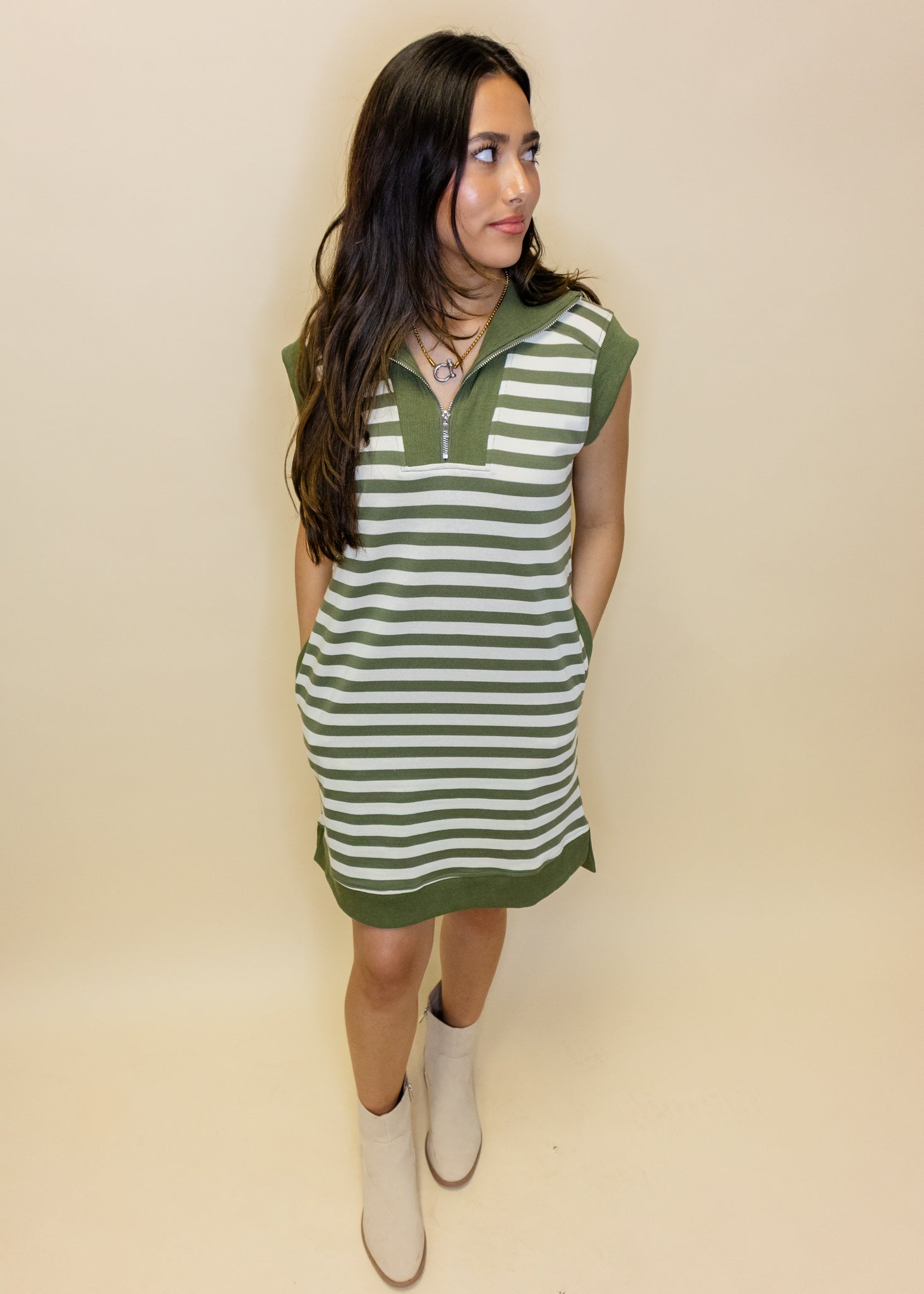 Olive Stripe Zip Pocket Dress