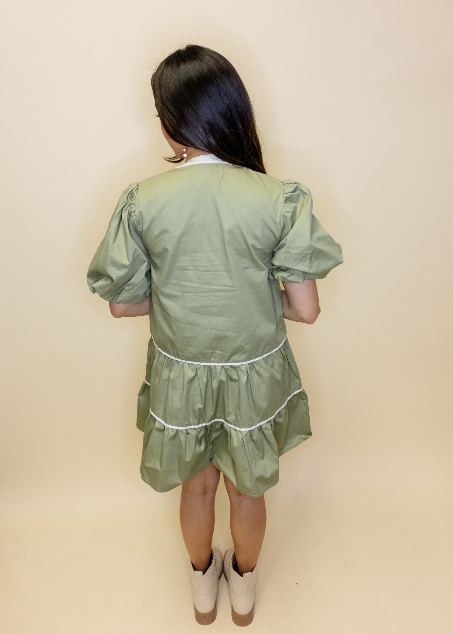 Sage Puff Sleeve Tiered Dress