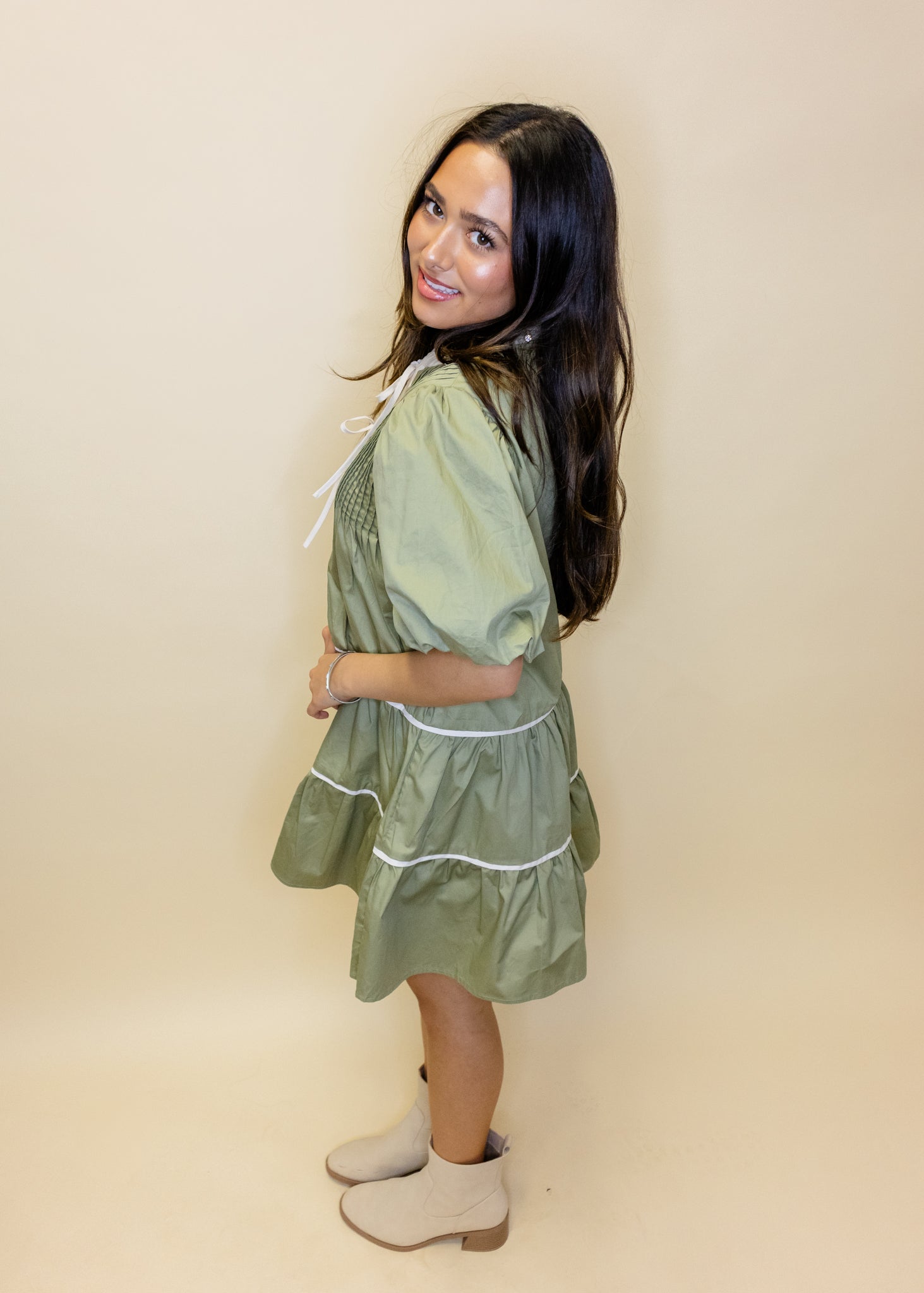 Sage Puff Sleeve Tiered Dress