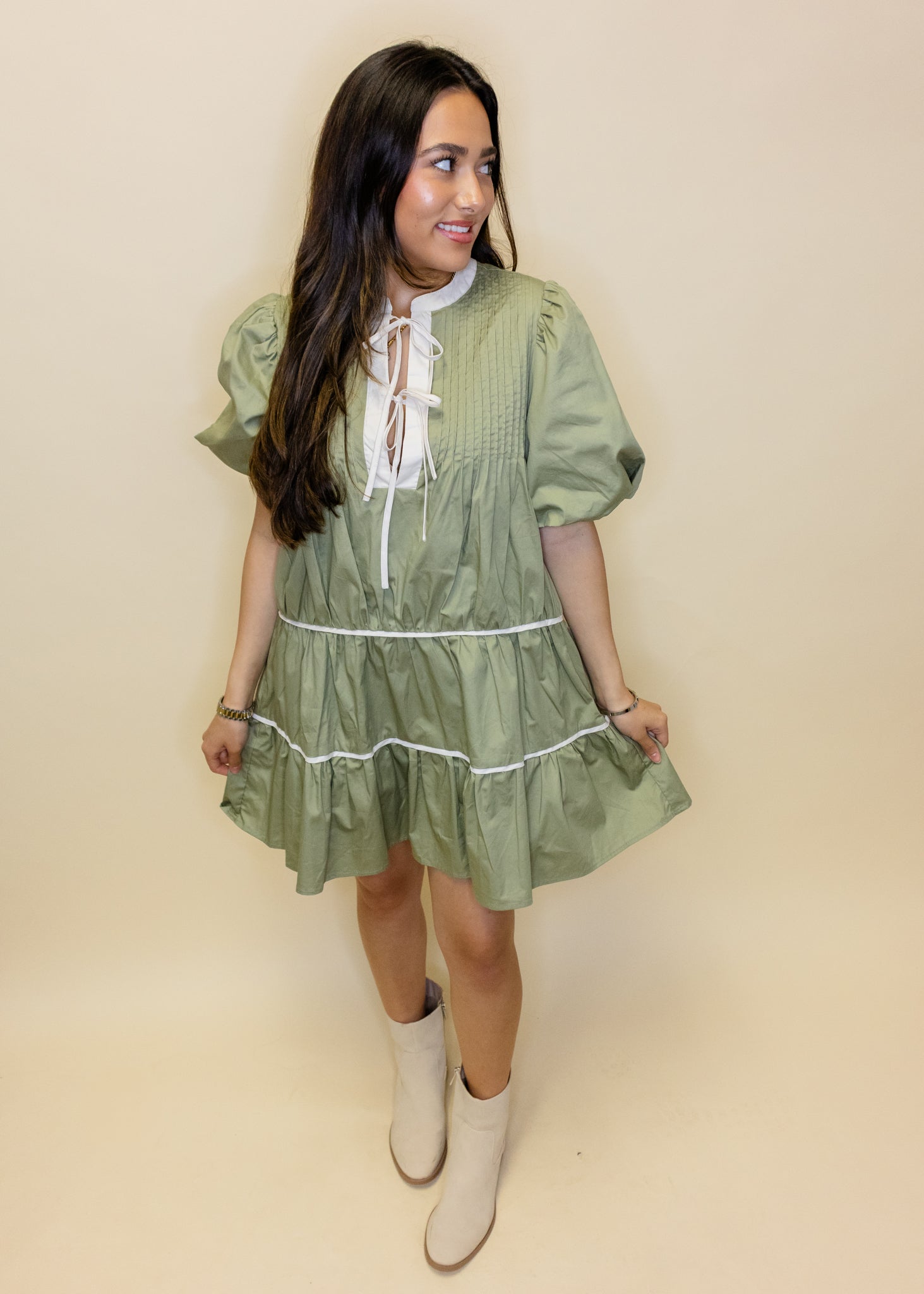 Sage Puff Sleeve Tiered Dress