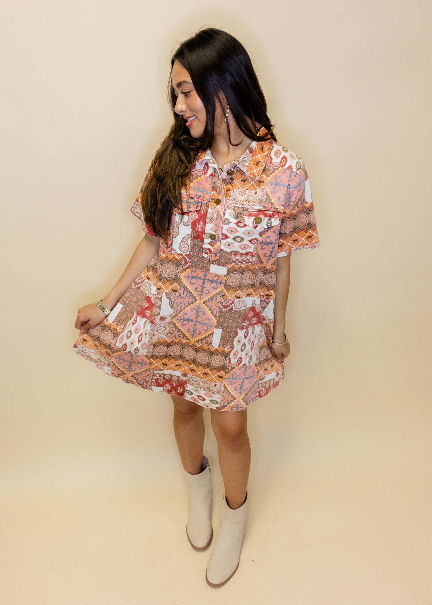 Rust Aztec Print Swing Dress