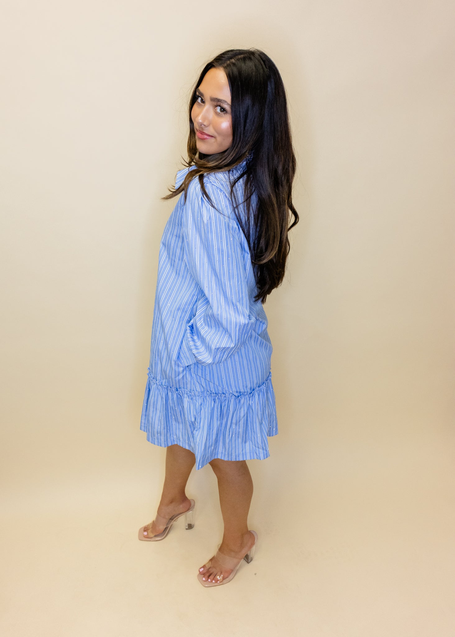 Blue Stripe Rhinestone Ruffle Dress