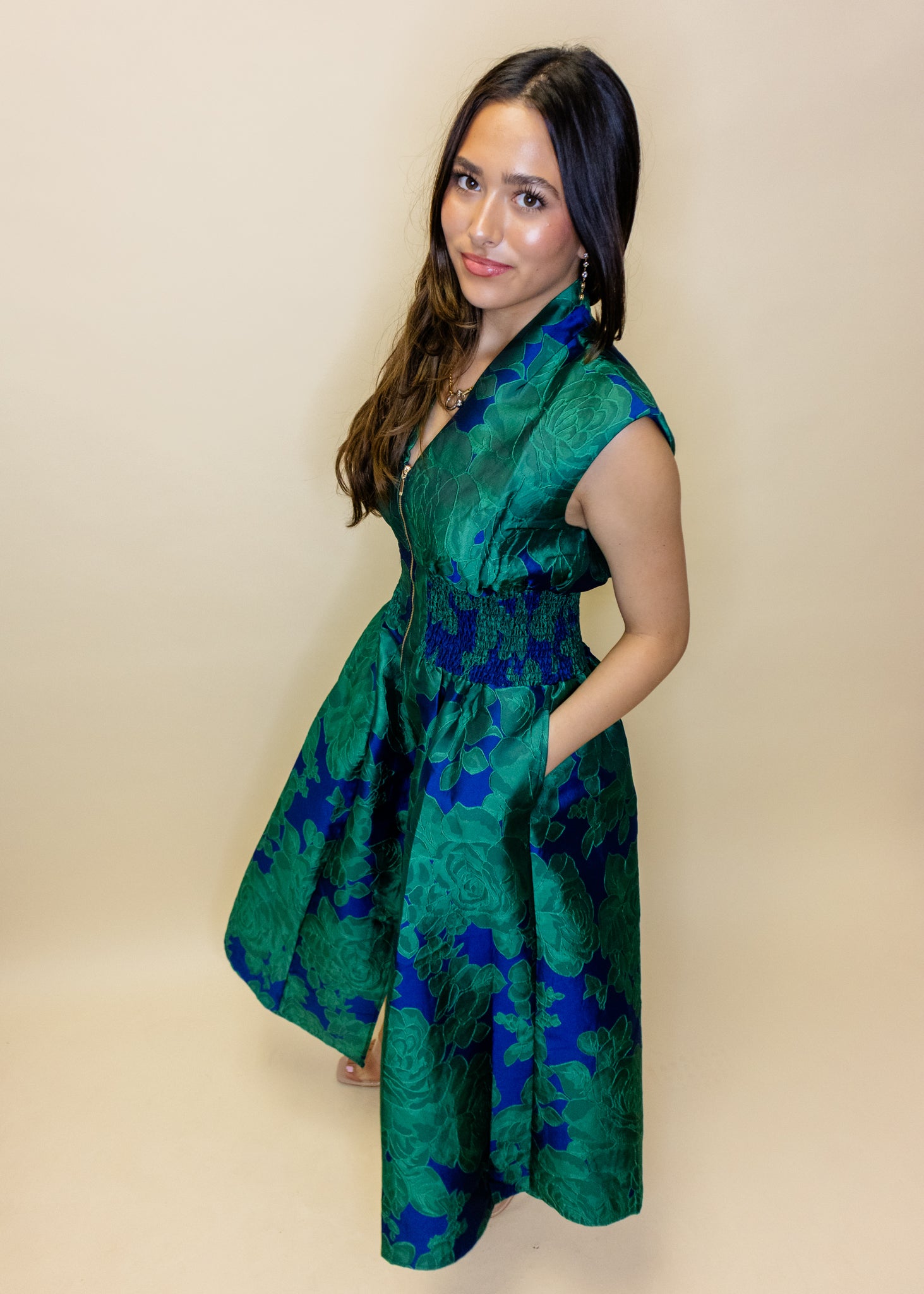 Green Floral Jacquard Zip Dress