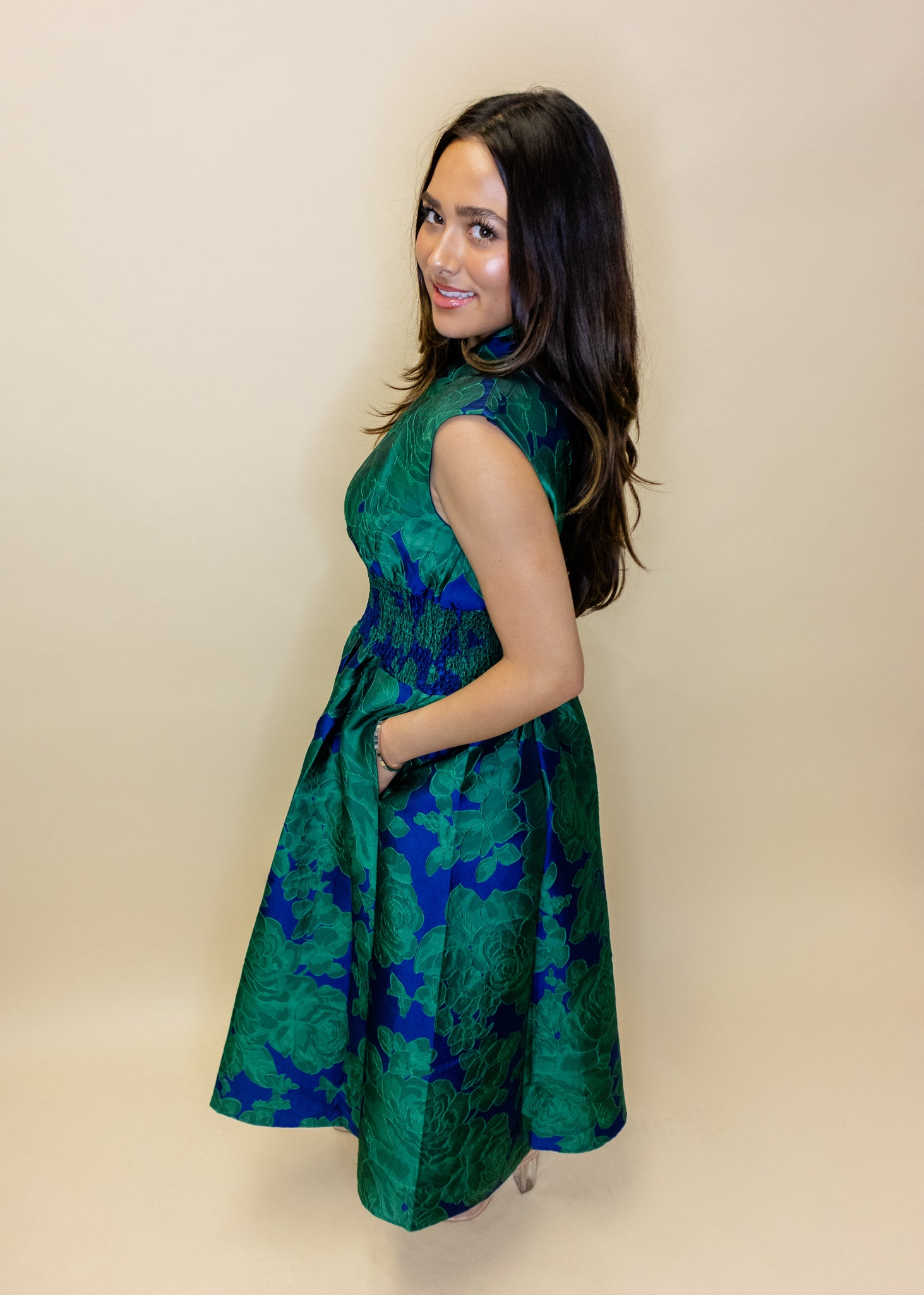 Green Floral Jacquard Zip Dress