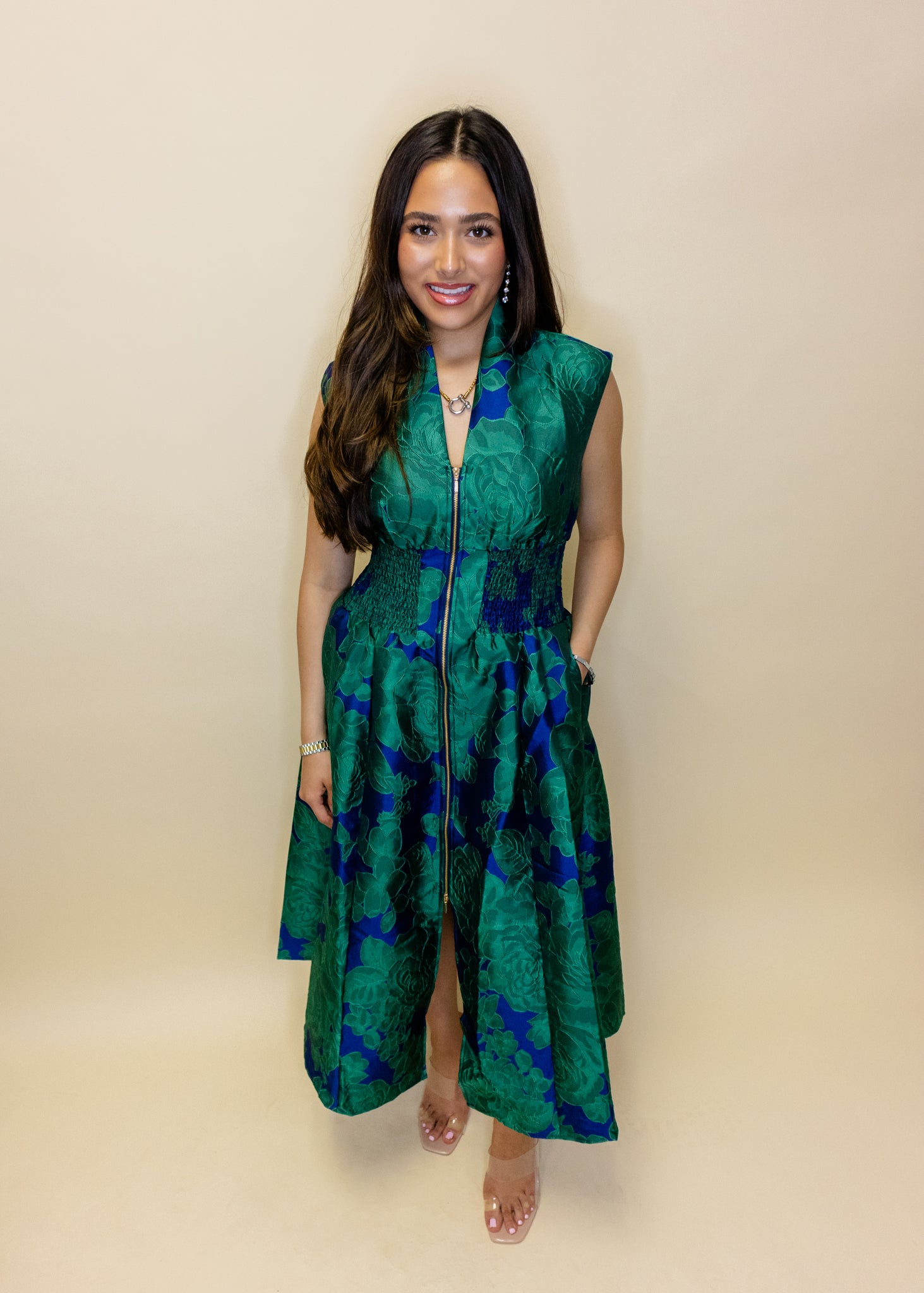 Green Floral Jacquard Zip Dress
