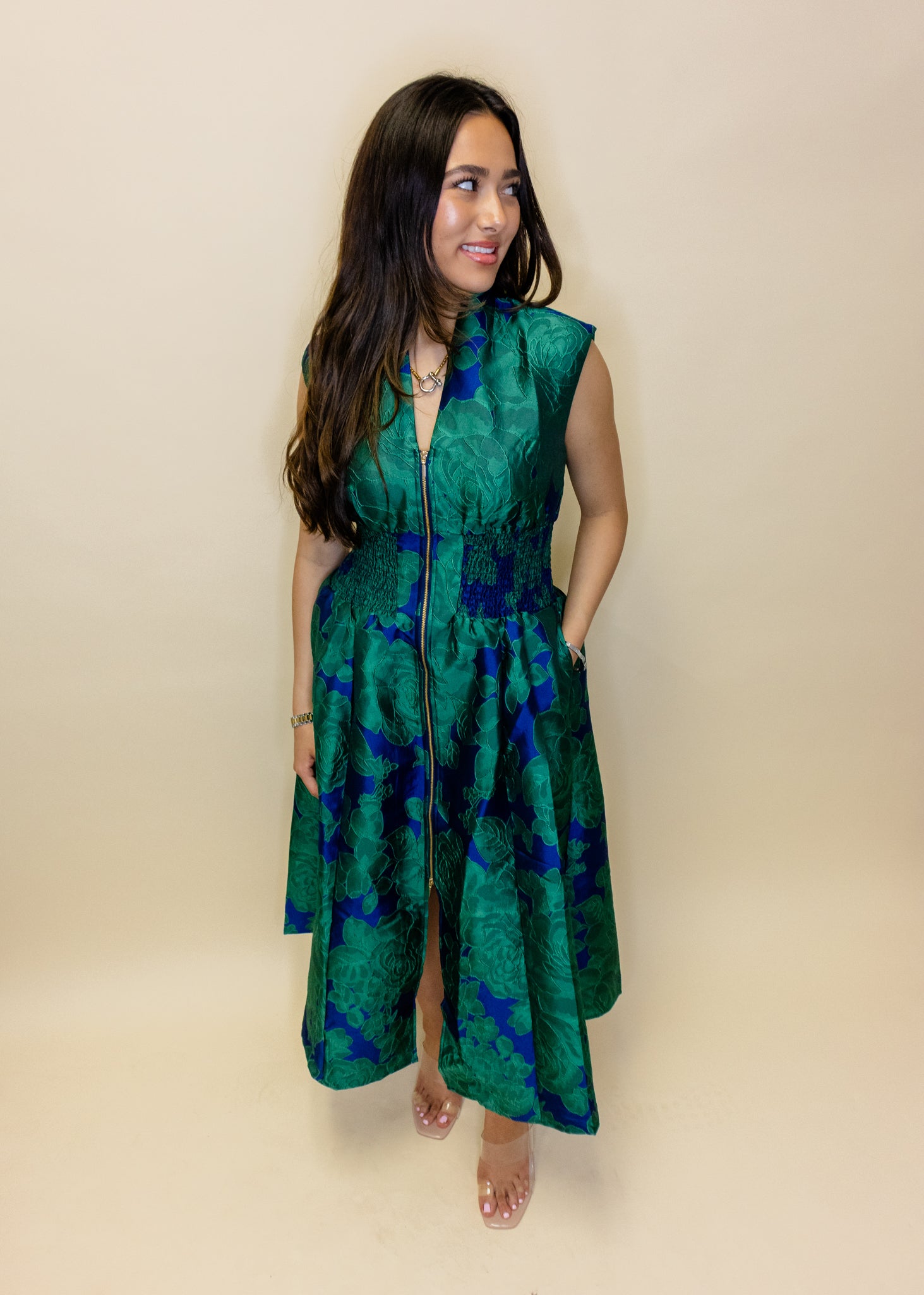 Green Floral Jacquard Zip Dress