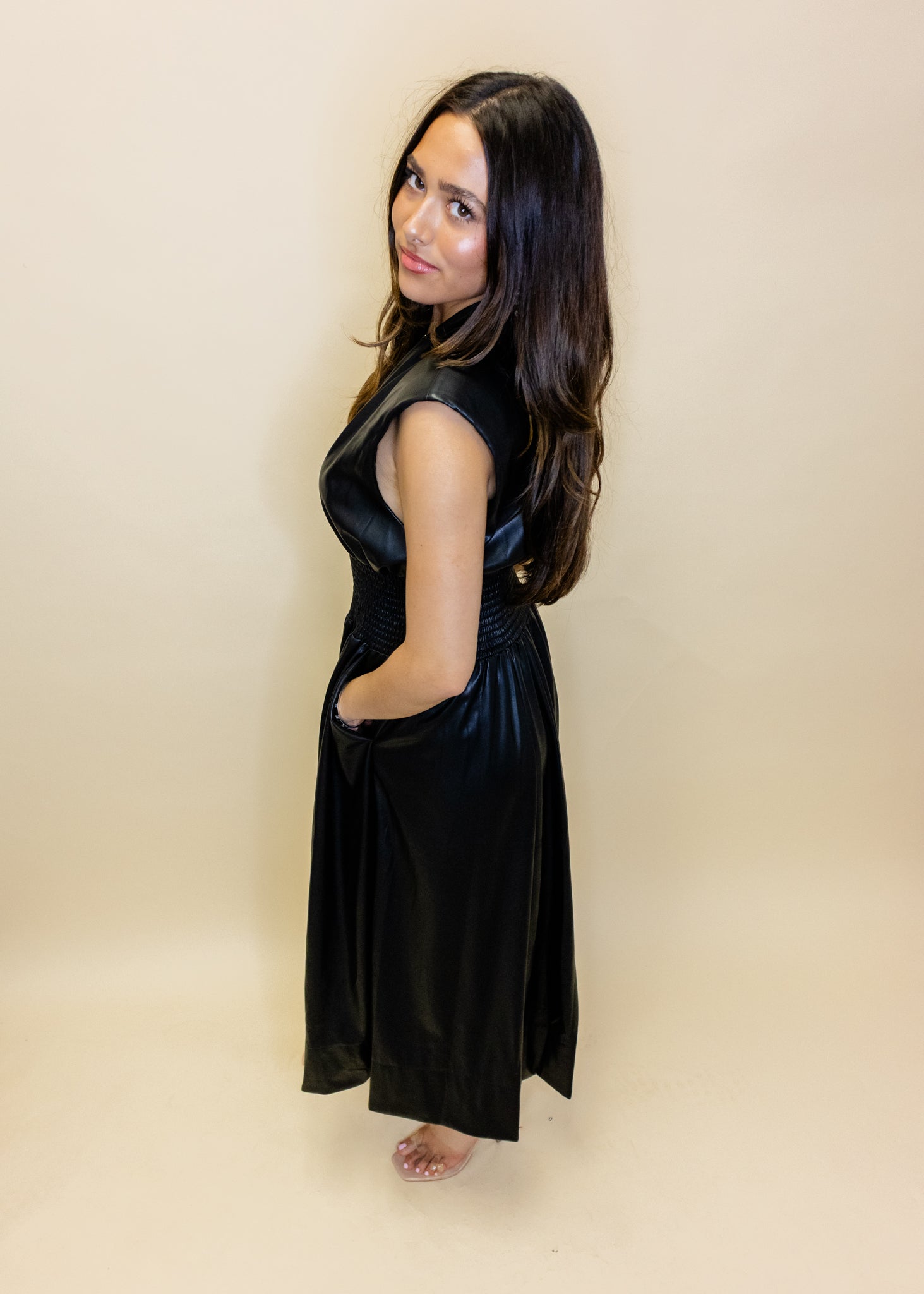Black Leather Smocked Midi Dress