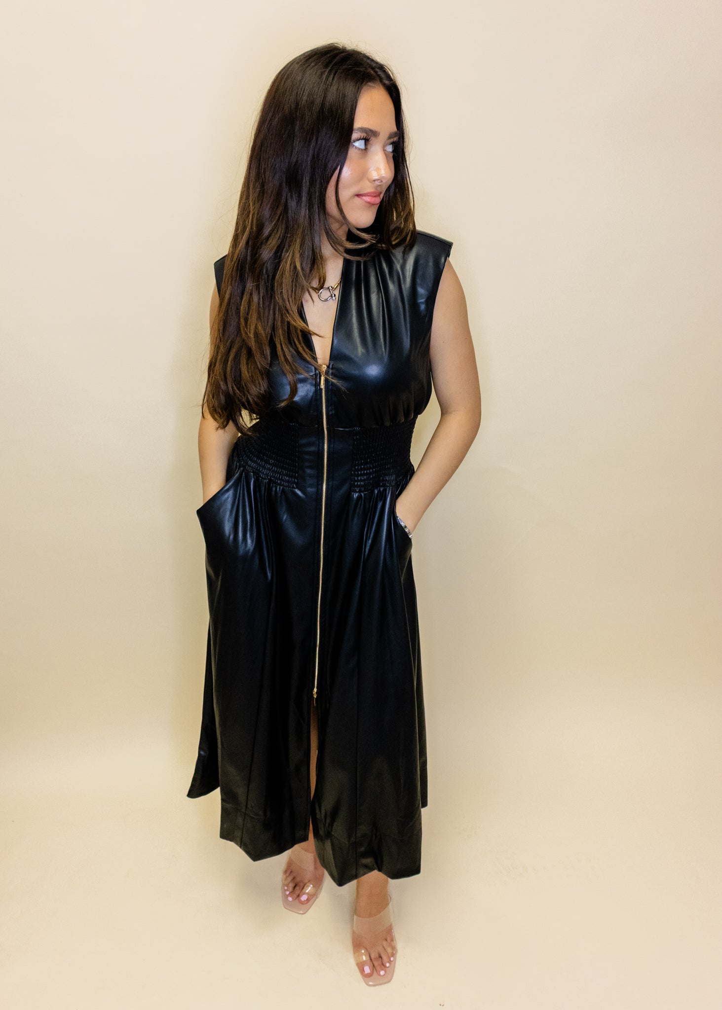 Black Leather Smocked Midi Dress
