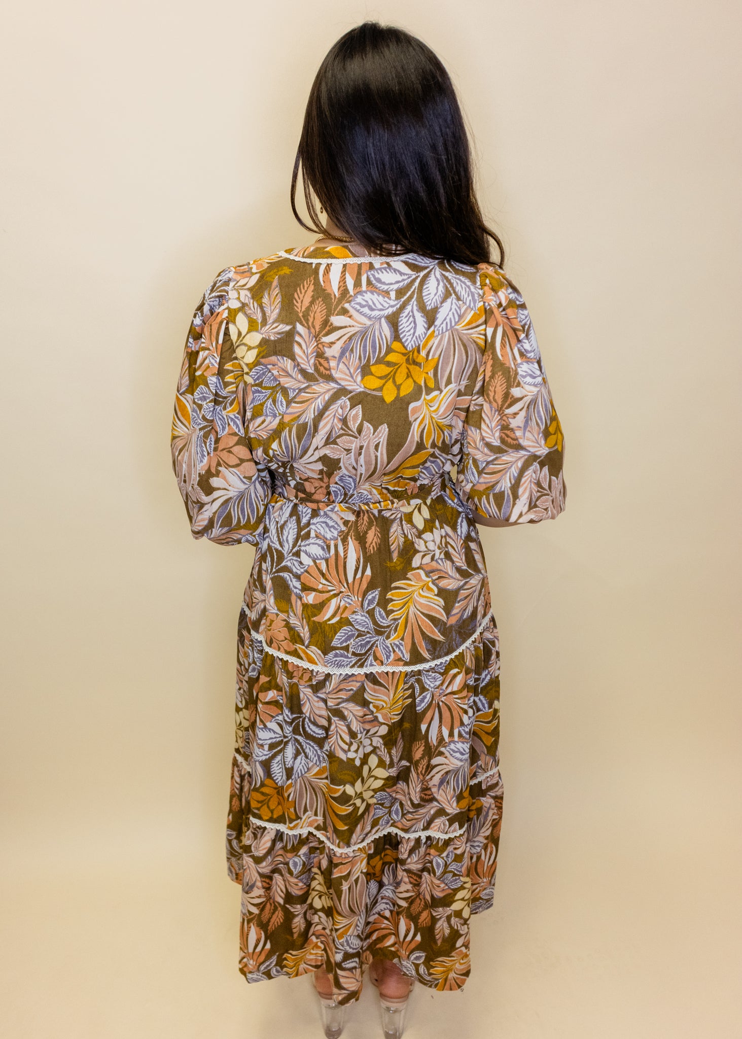 Brown Leaf Print Midi Dress