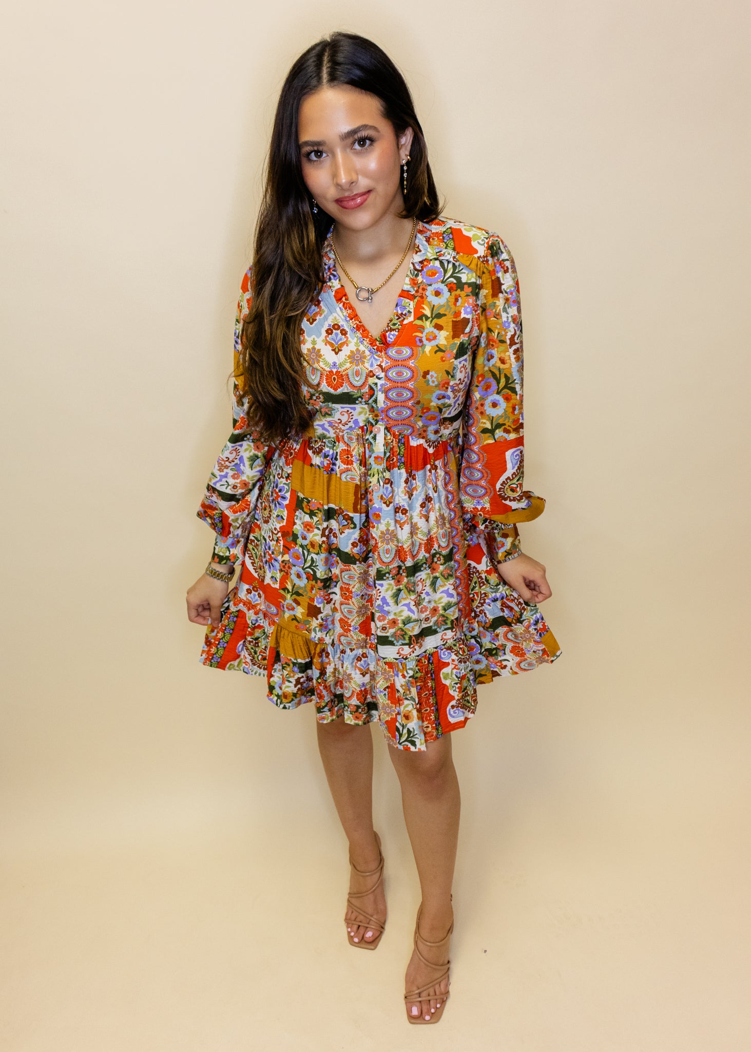 Patchwork Print Button Up Dress