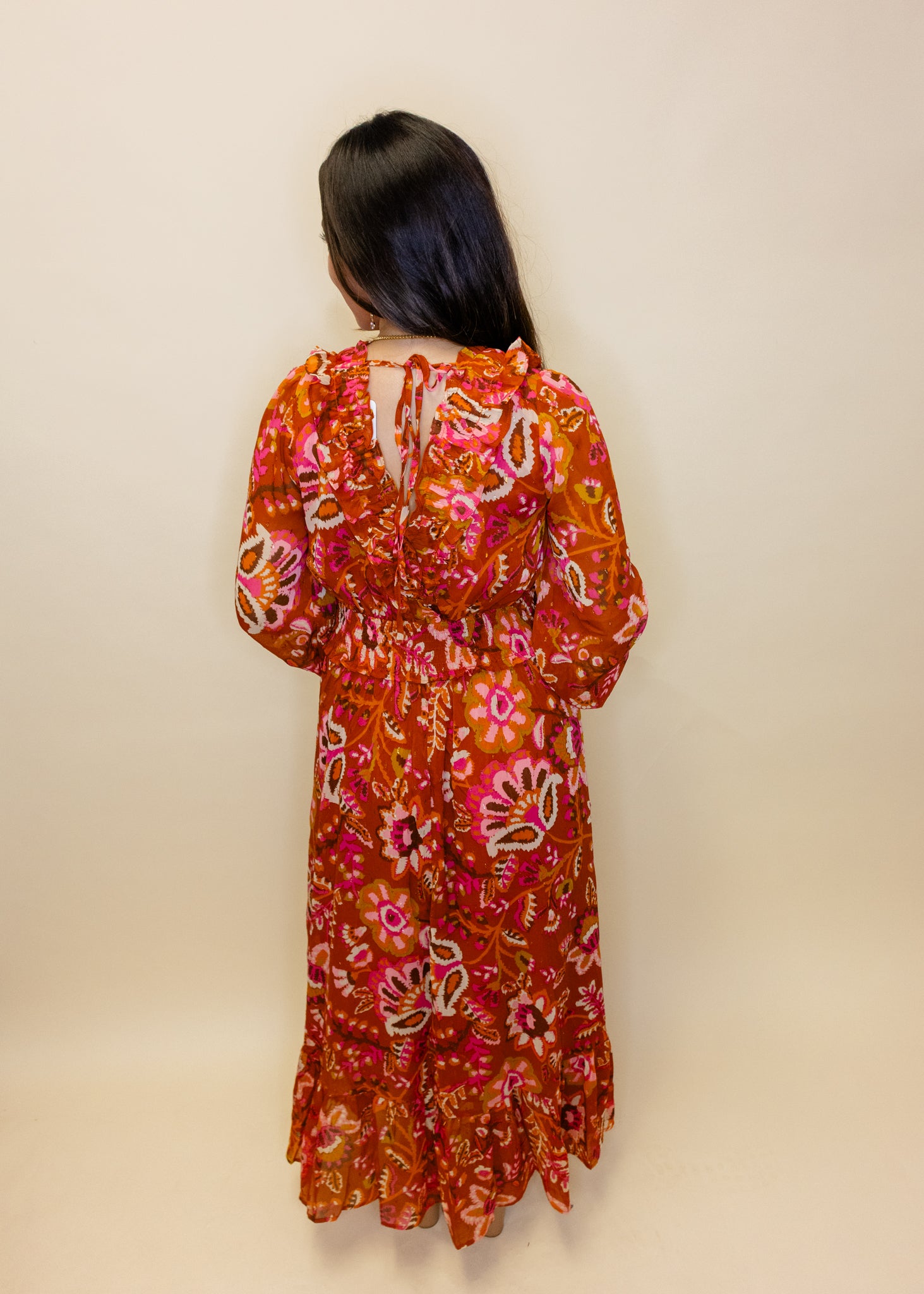 Rust Floral Lurex Maxi Dress