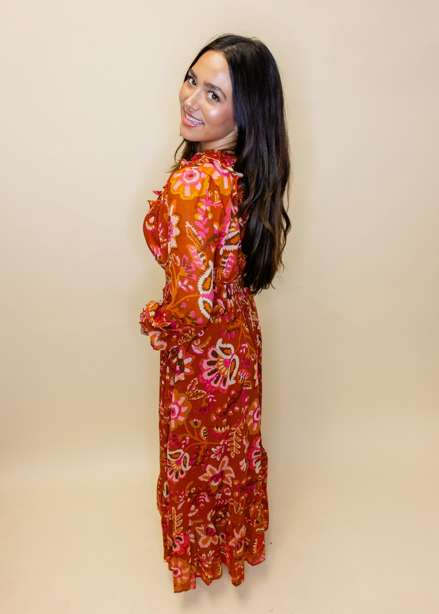 Rust Floral Lurex Maxi Dress