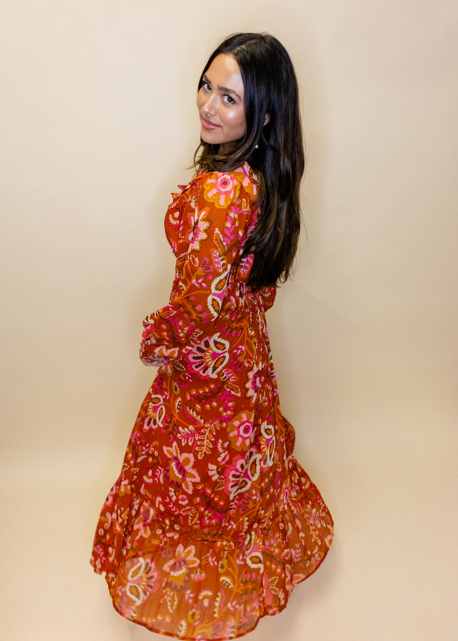 Rust Floral Lurex Maxi Dress