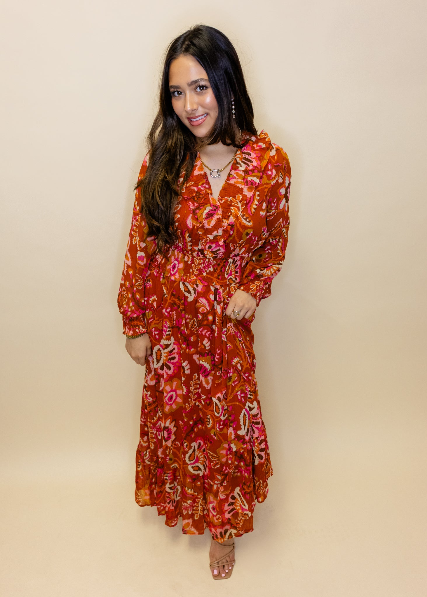 Rust Floral Lurex Maxi Dress