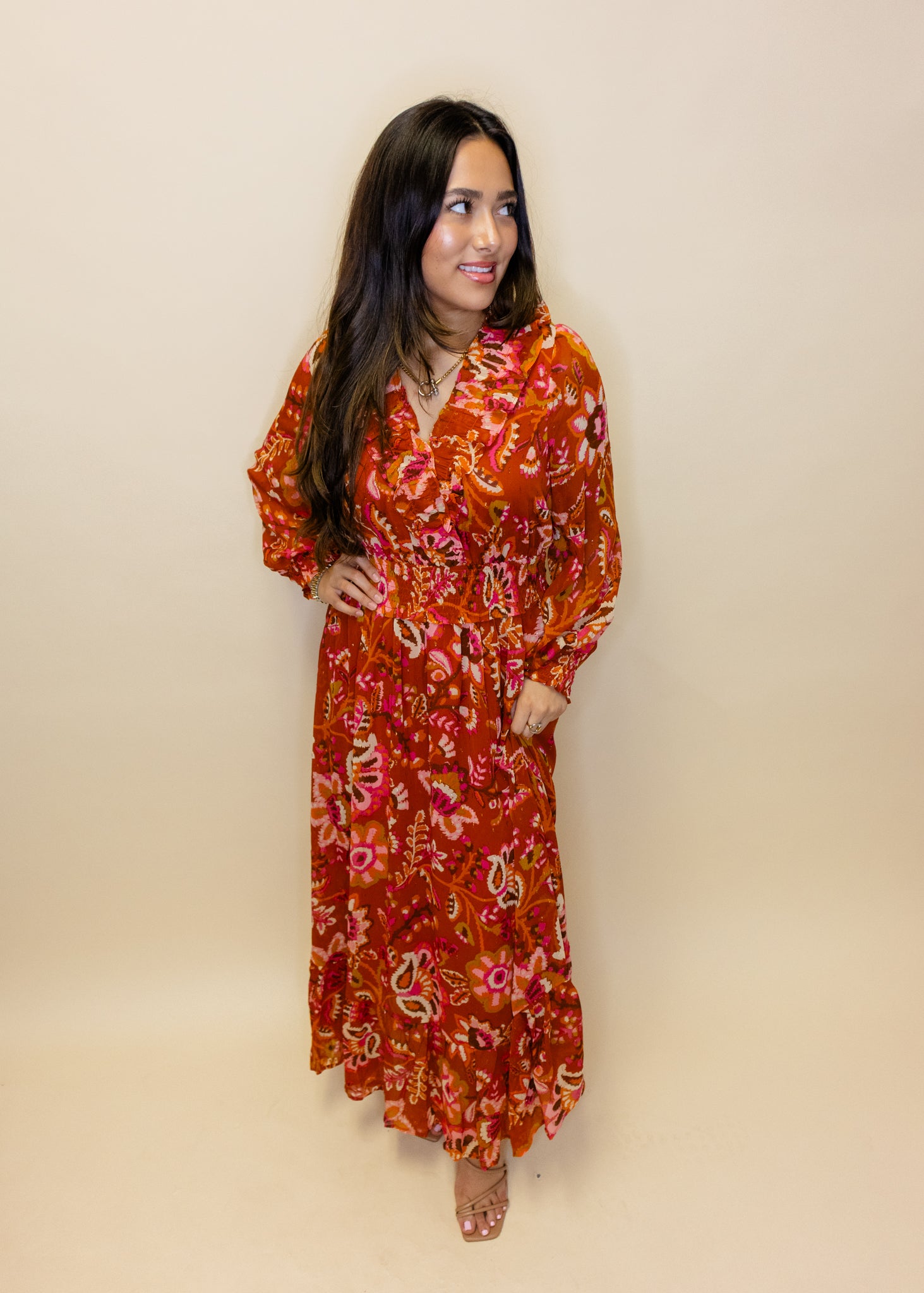 Rust Floral Lurex Maxi Dress