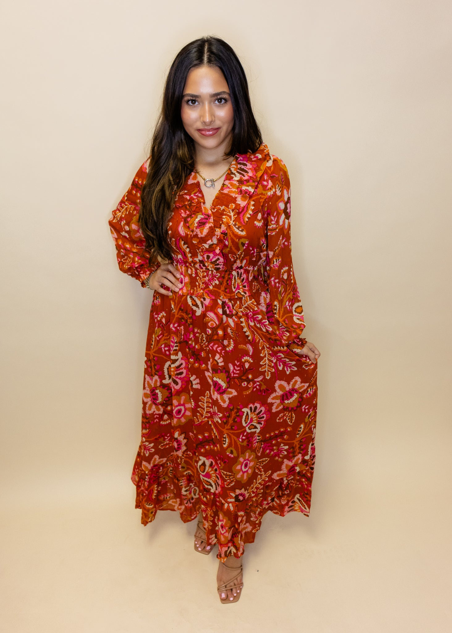 Rust Floral Lurex Maxi Dress
