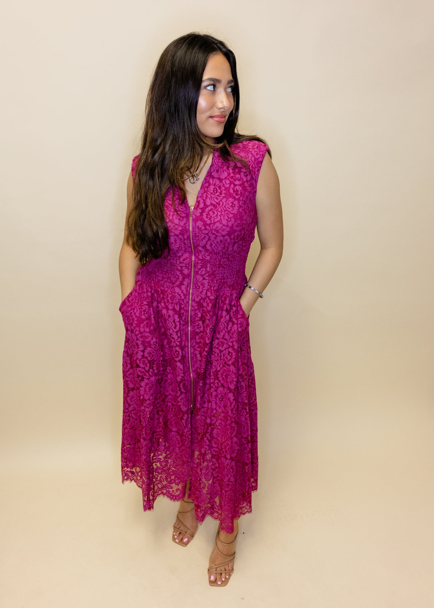 Merlot Front Zip Lace Midi Dress