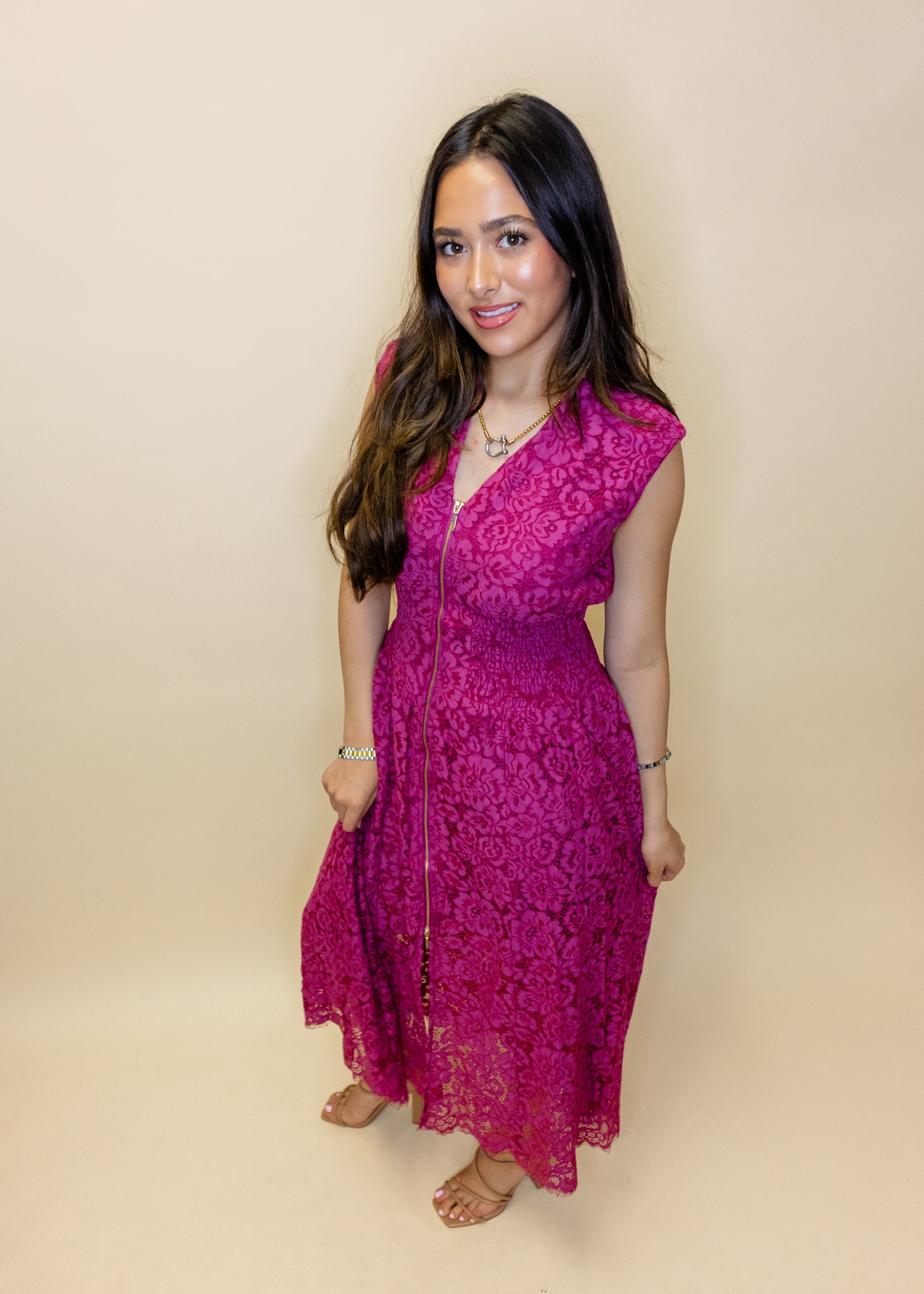 Merlot Front Zip Lace Midi Dress