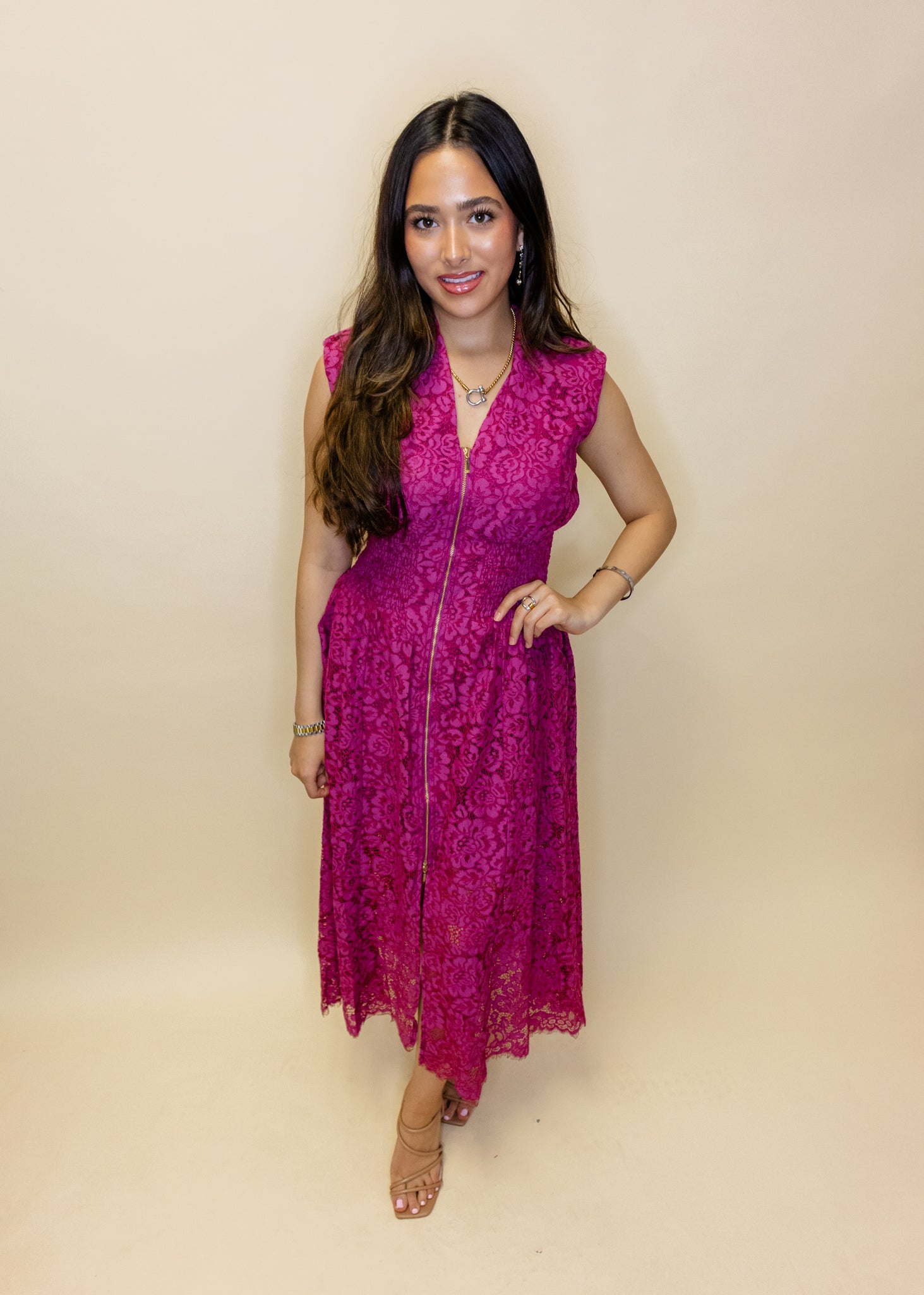 Merlot Front Zip Lace Midi Dress