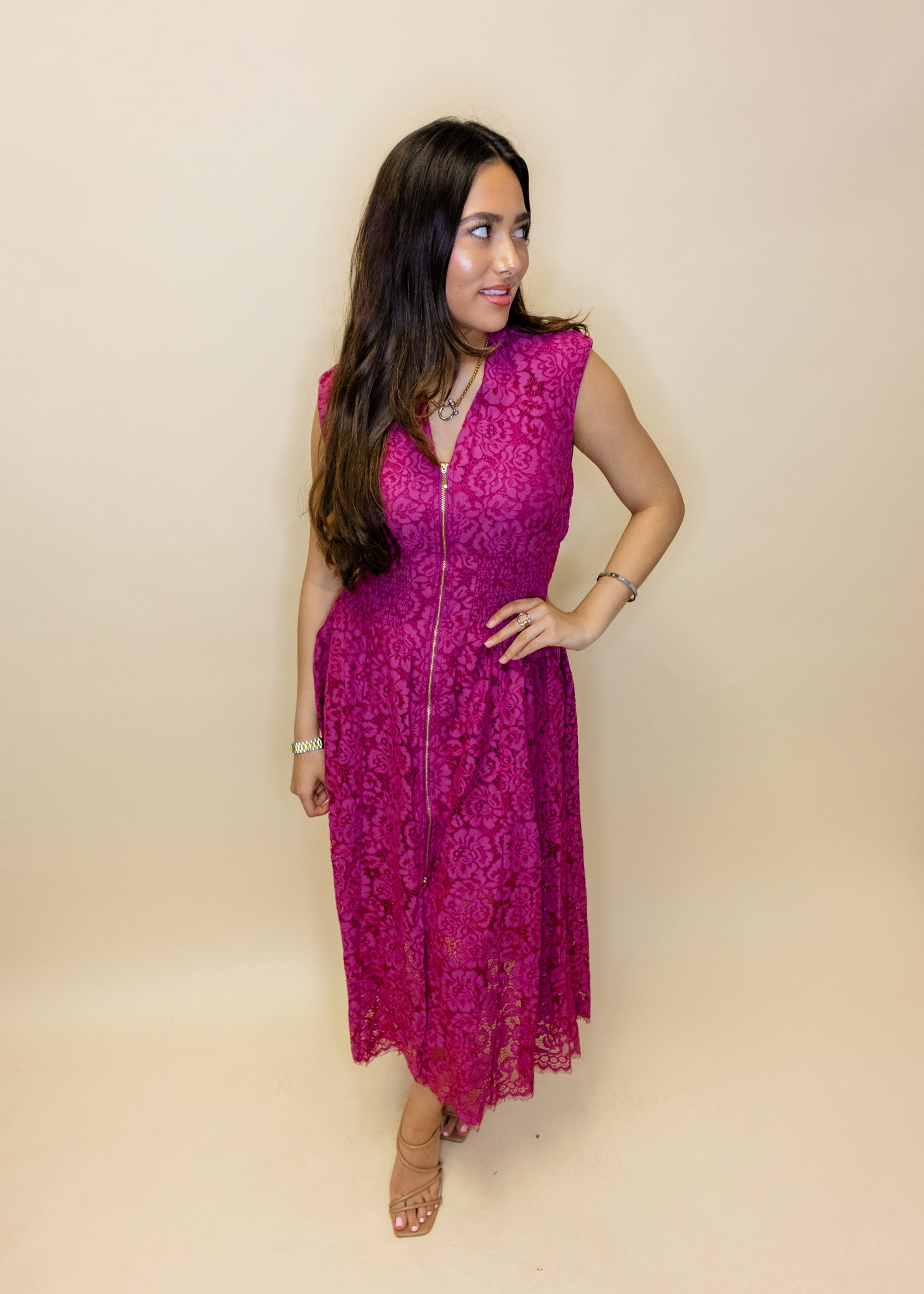 Merlot Front Zip Lace Midi Dress