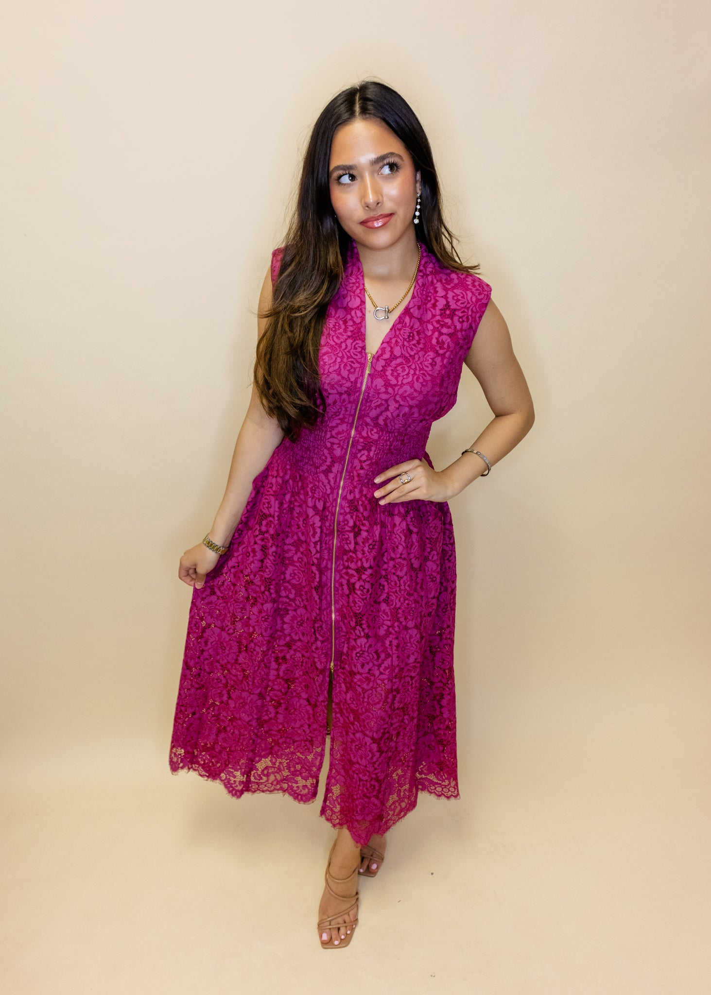 Merlot Front Zip Lace Midi Dress