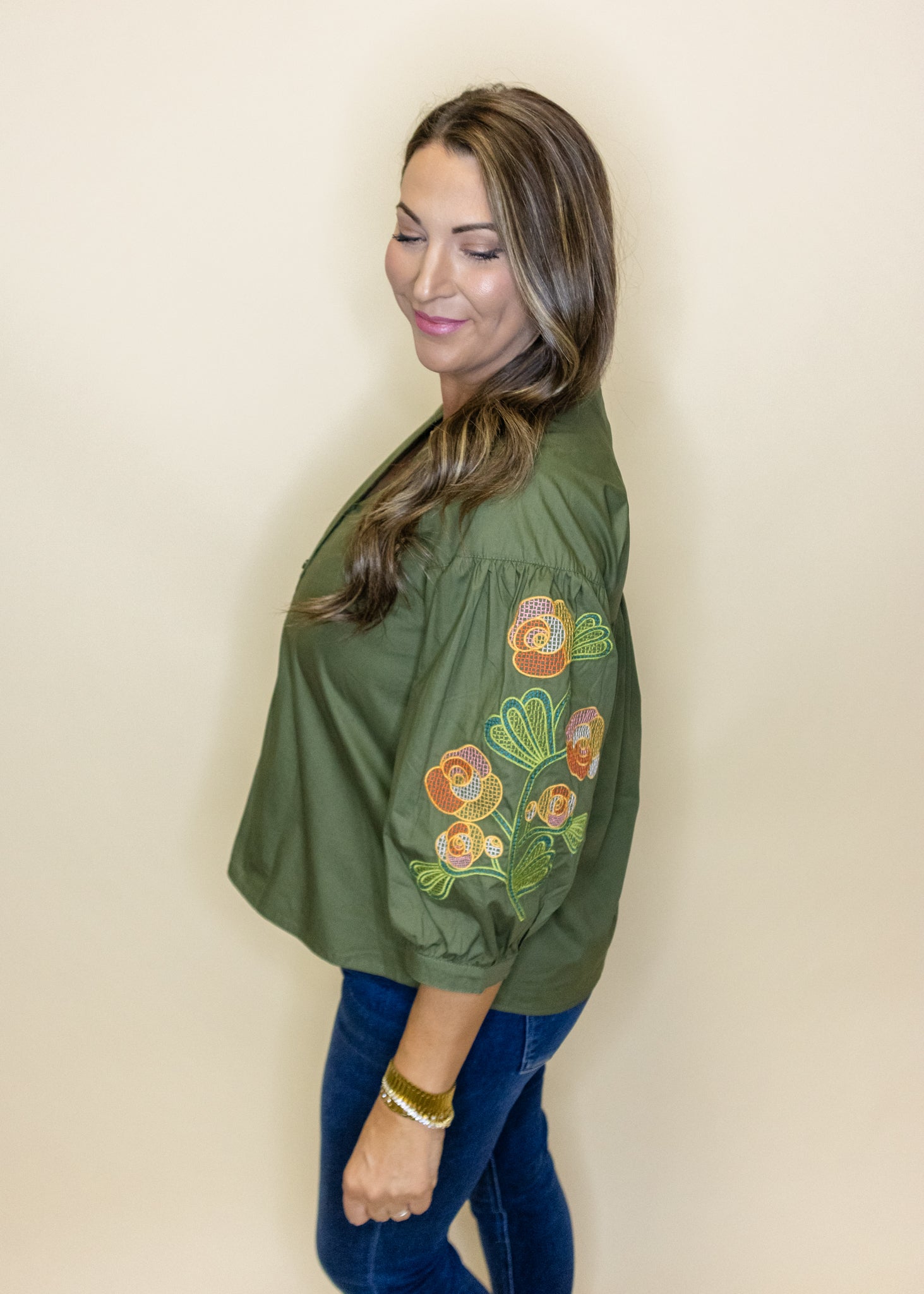 Olive Floral Embroidered Top