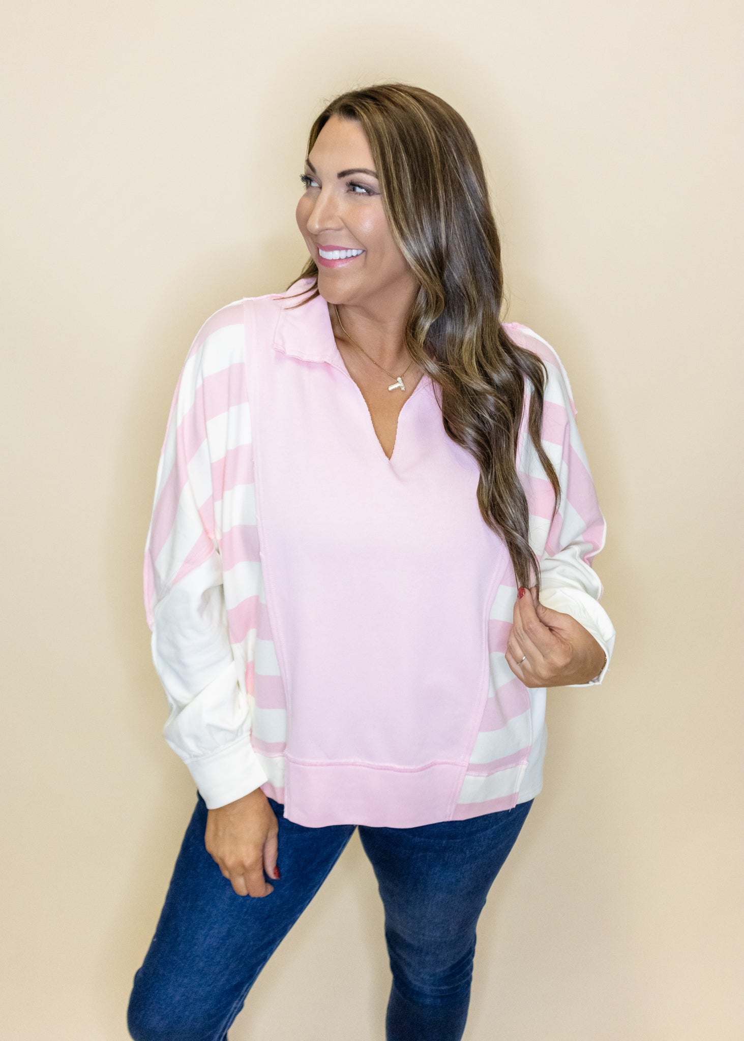 Pink Stripe Collar Sweatshirt