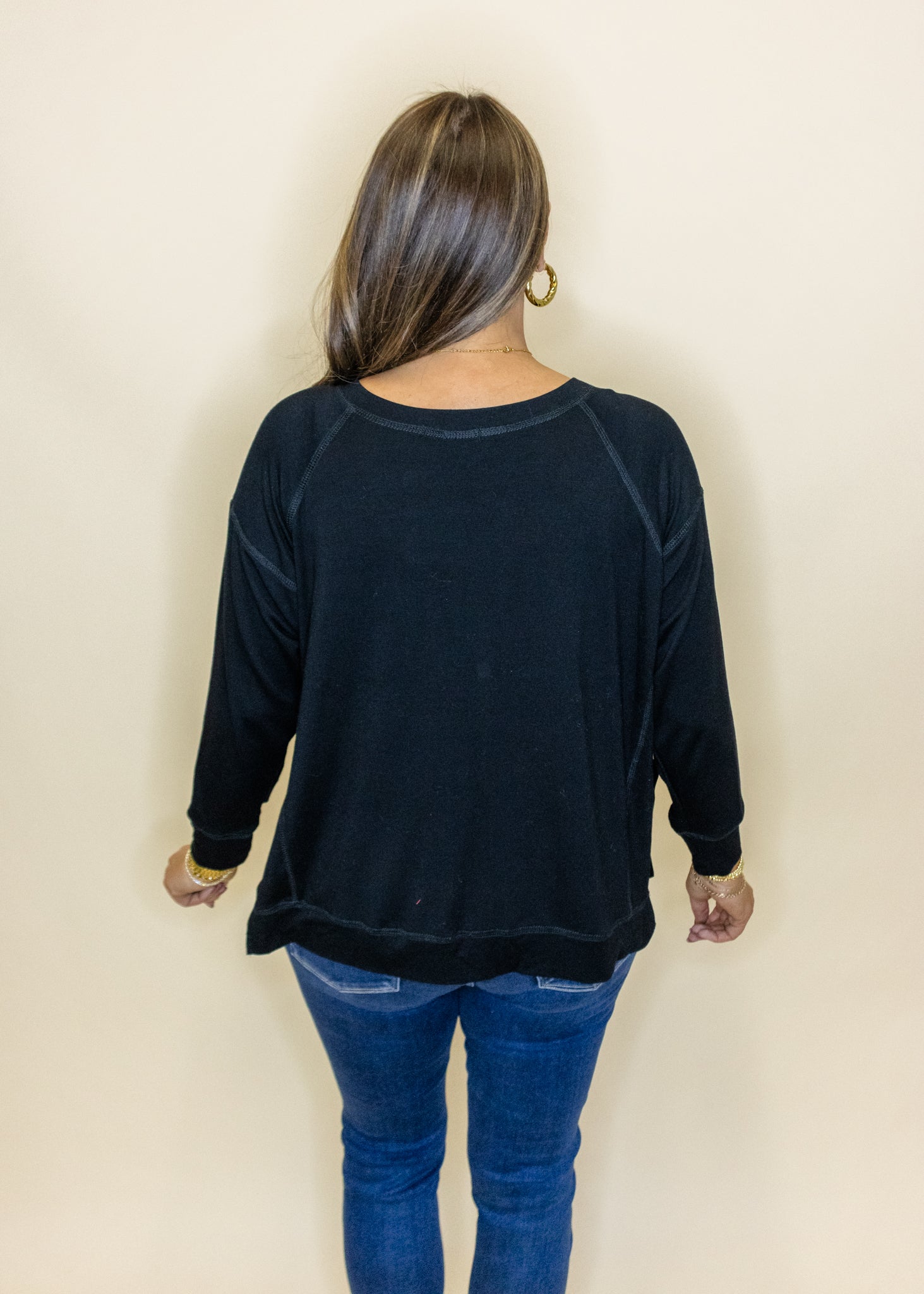 Black Solid Split Side Top