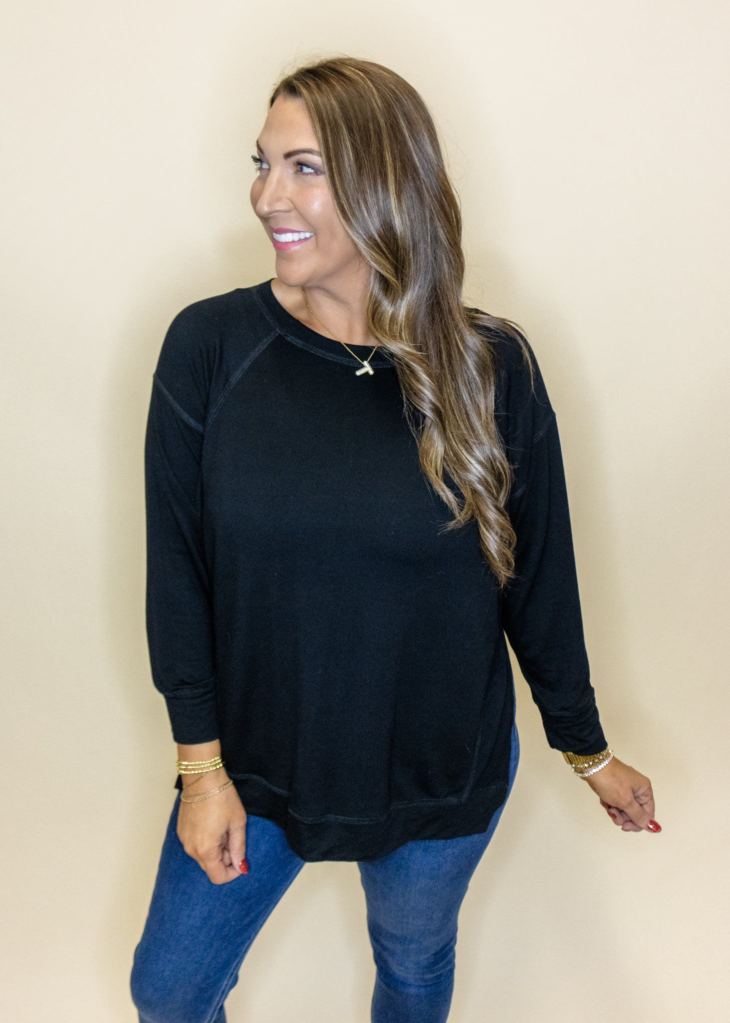 Black Solid Split Side Top