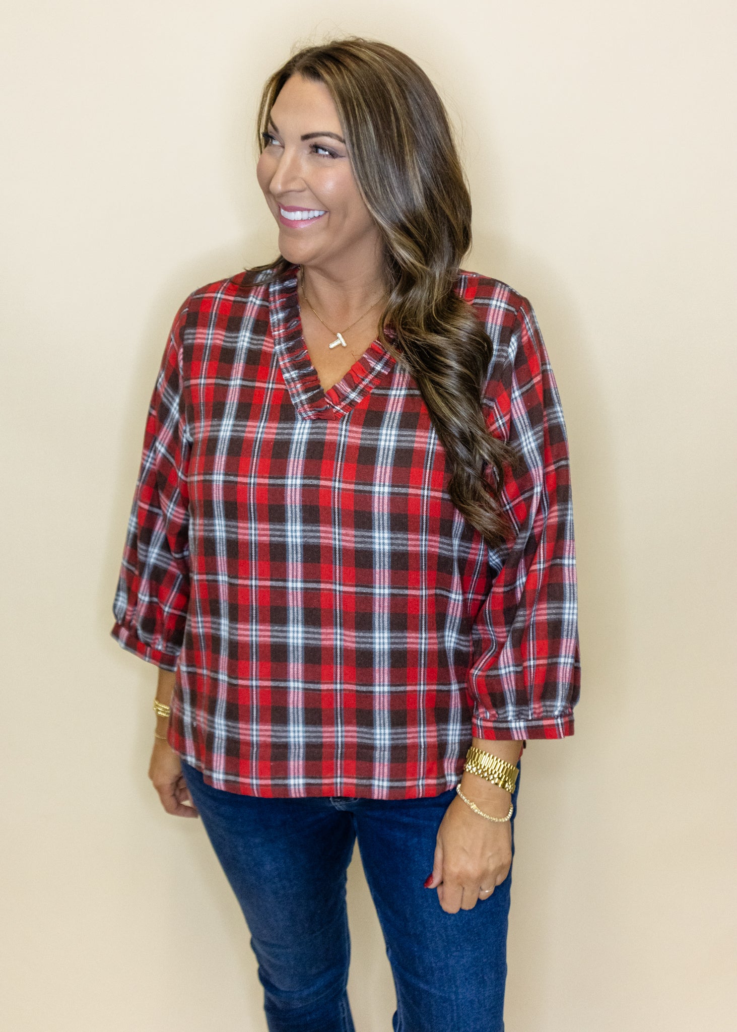 Red Plaid Collar Top