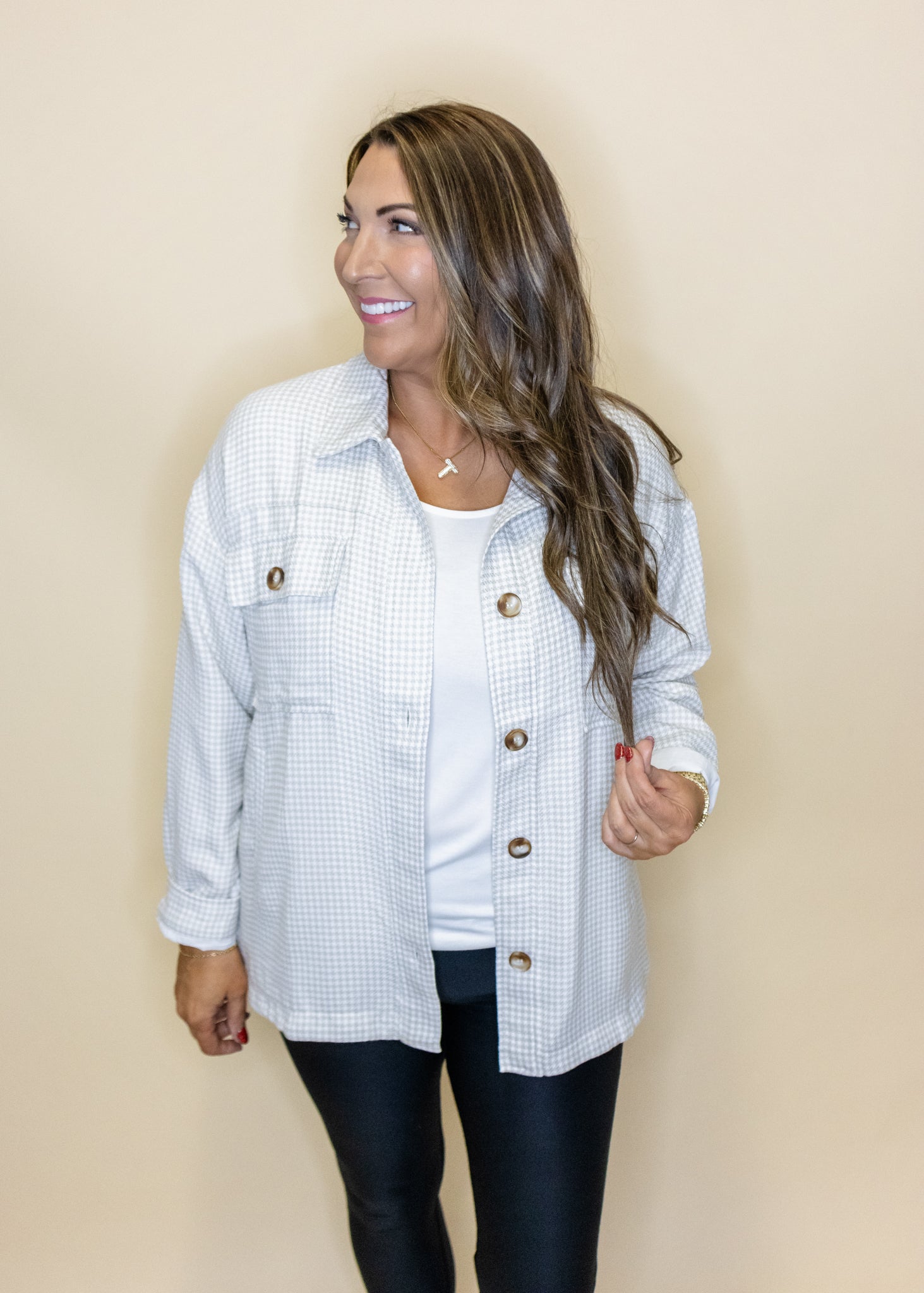 Taupe Gingham Button Shacket