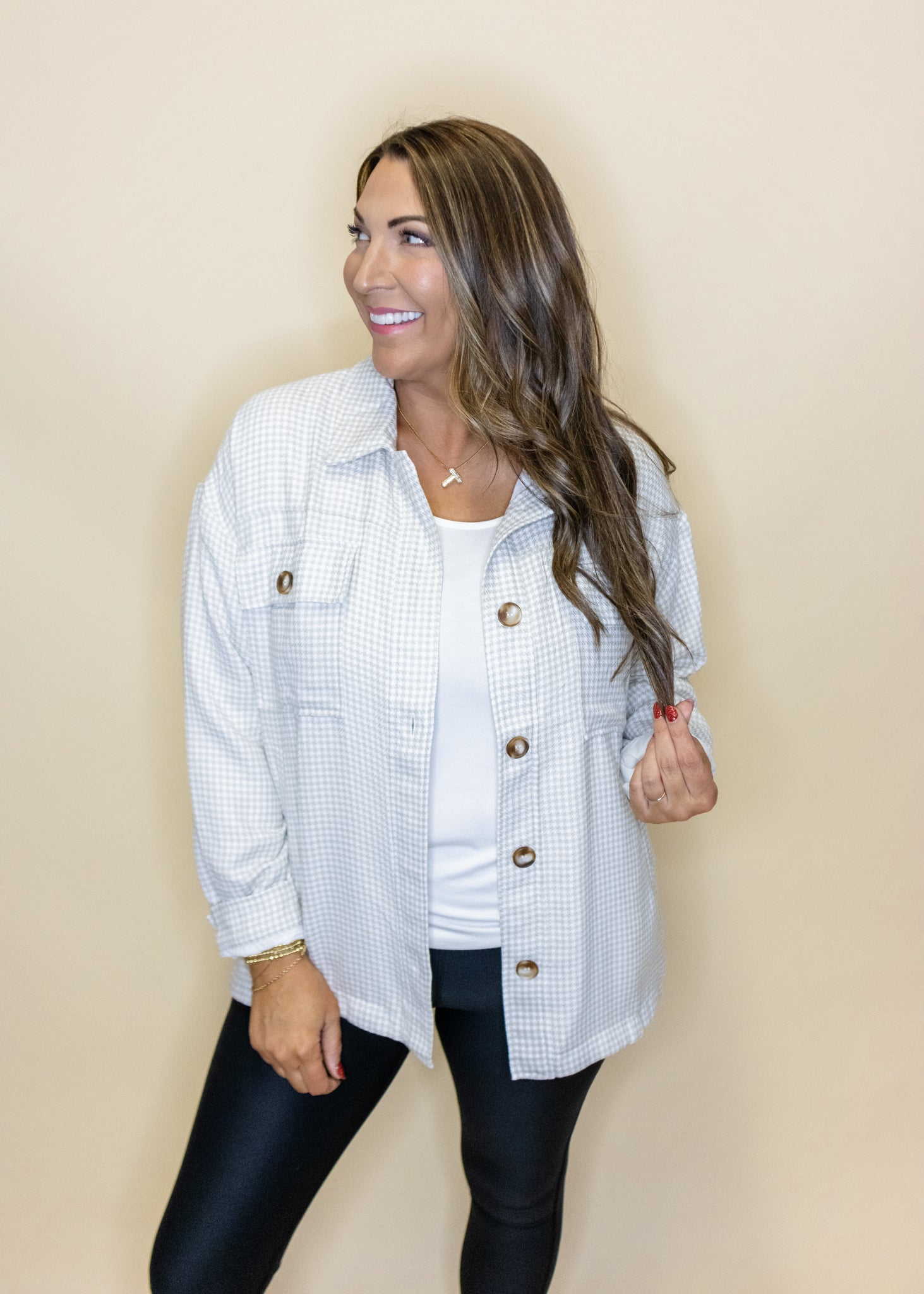 Taupe Gingham Button Shacket